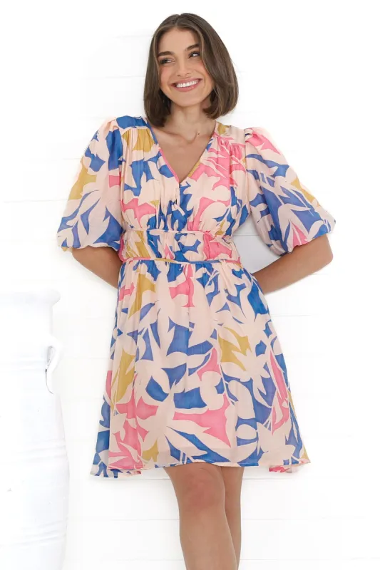 Ester Mini Dress - Cross Front Neckline Gathered Waist A Line Dress in Polina Print Blue sold by Salty Crush