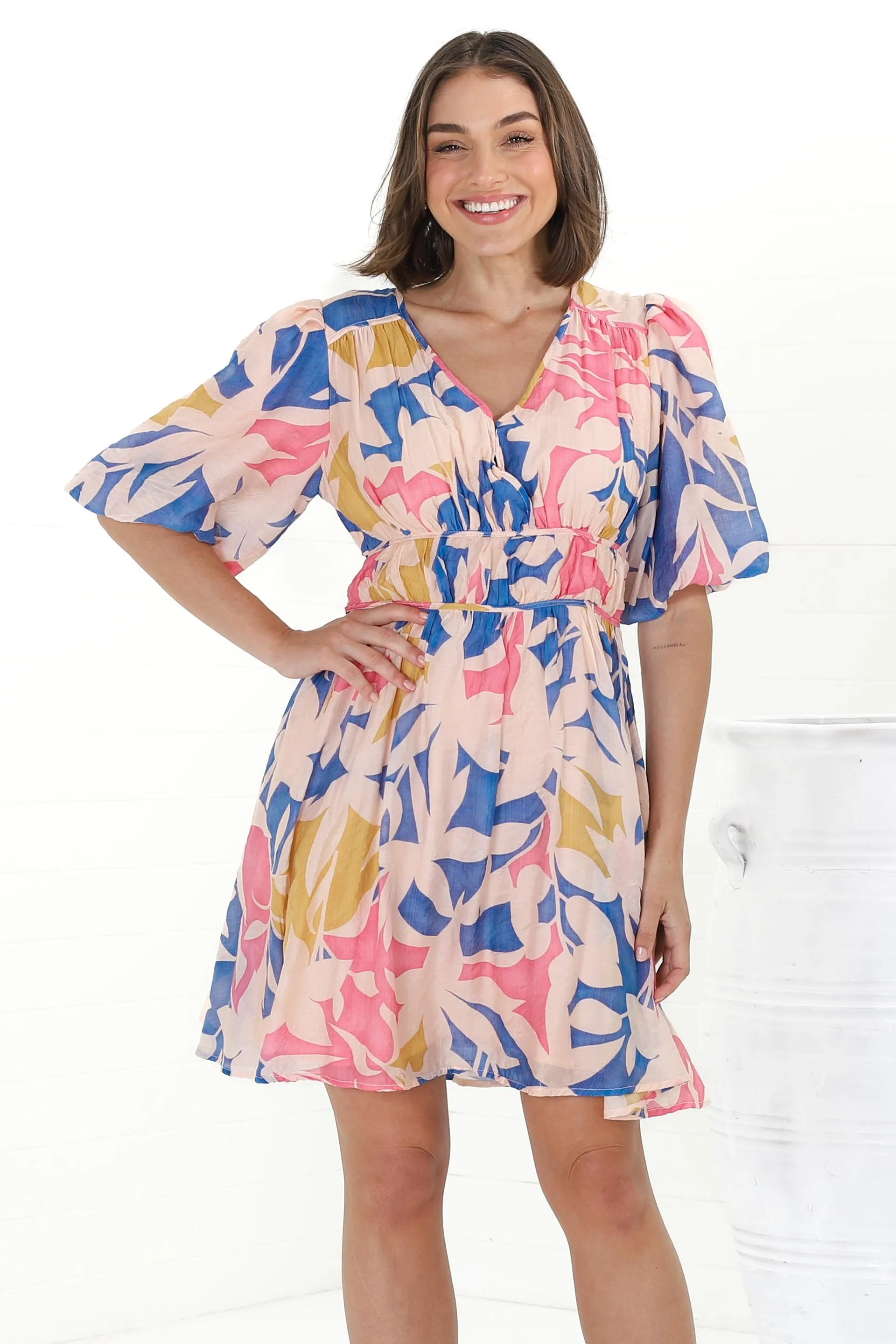 Ester Mini Dress - Cross Front Neckline Gathered Waist A Line Dress in Polina Print Blue sold by Salty Crush product image thumbnail 2