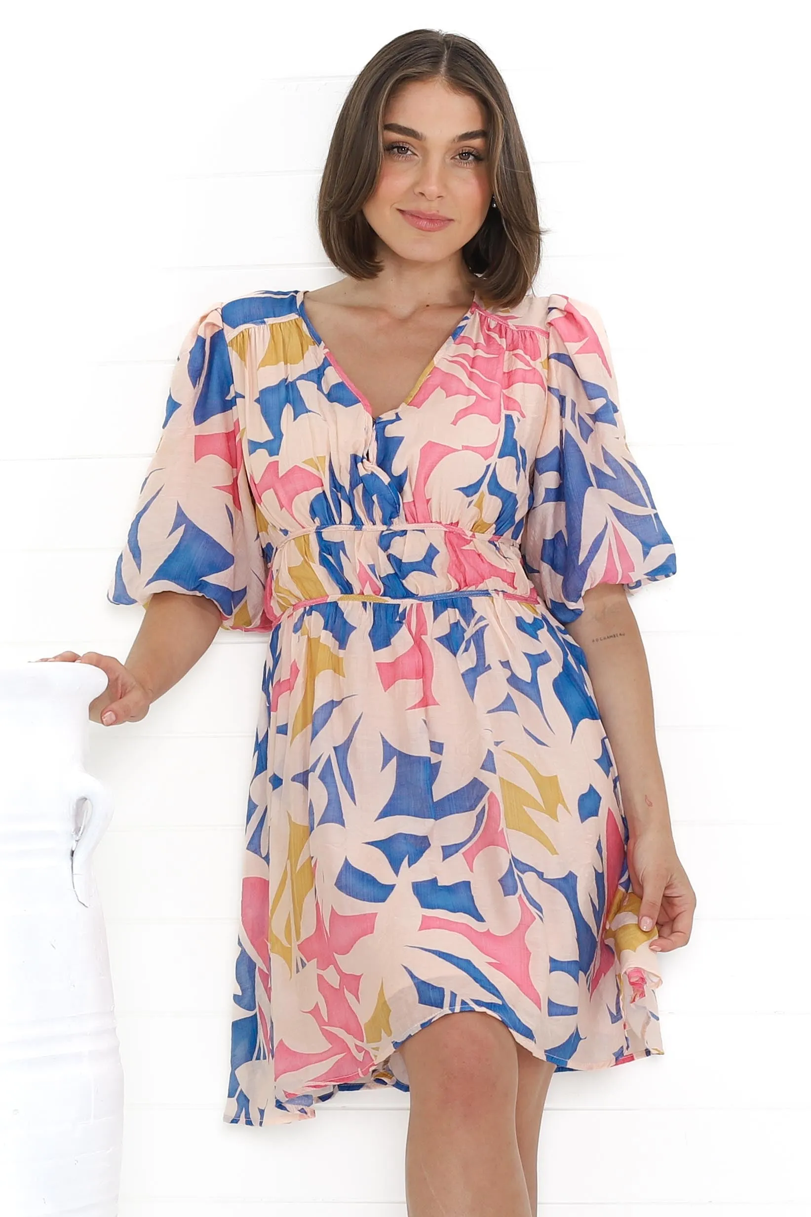Ester Mini Dress - Cross Front Neckline Gathered Waist A Line Dress in Polina Print Blue sold by Salty Crush product image thumbnail 3