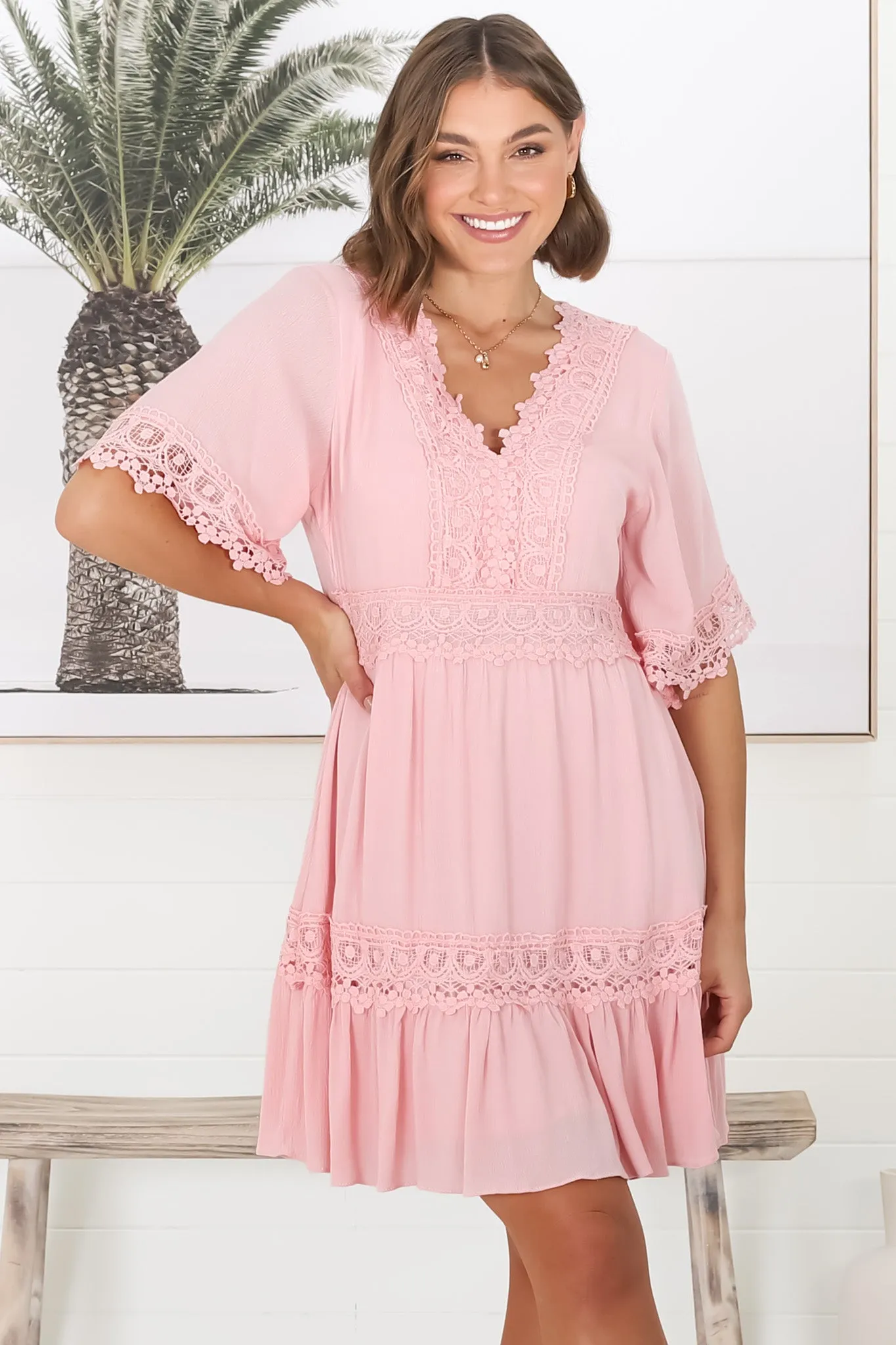 Leelie Mini Dress - Lace Embellished Tiered Dress with Bell Sleeves in Pink sold by Salty Crush product image thumbnail 2