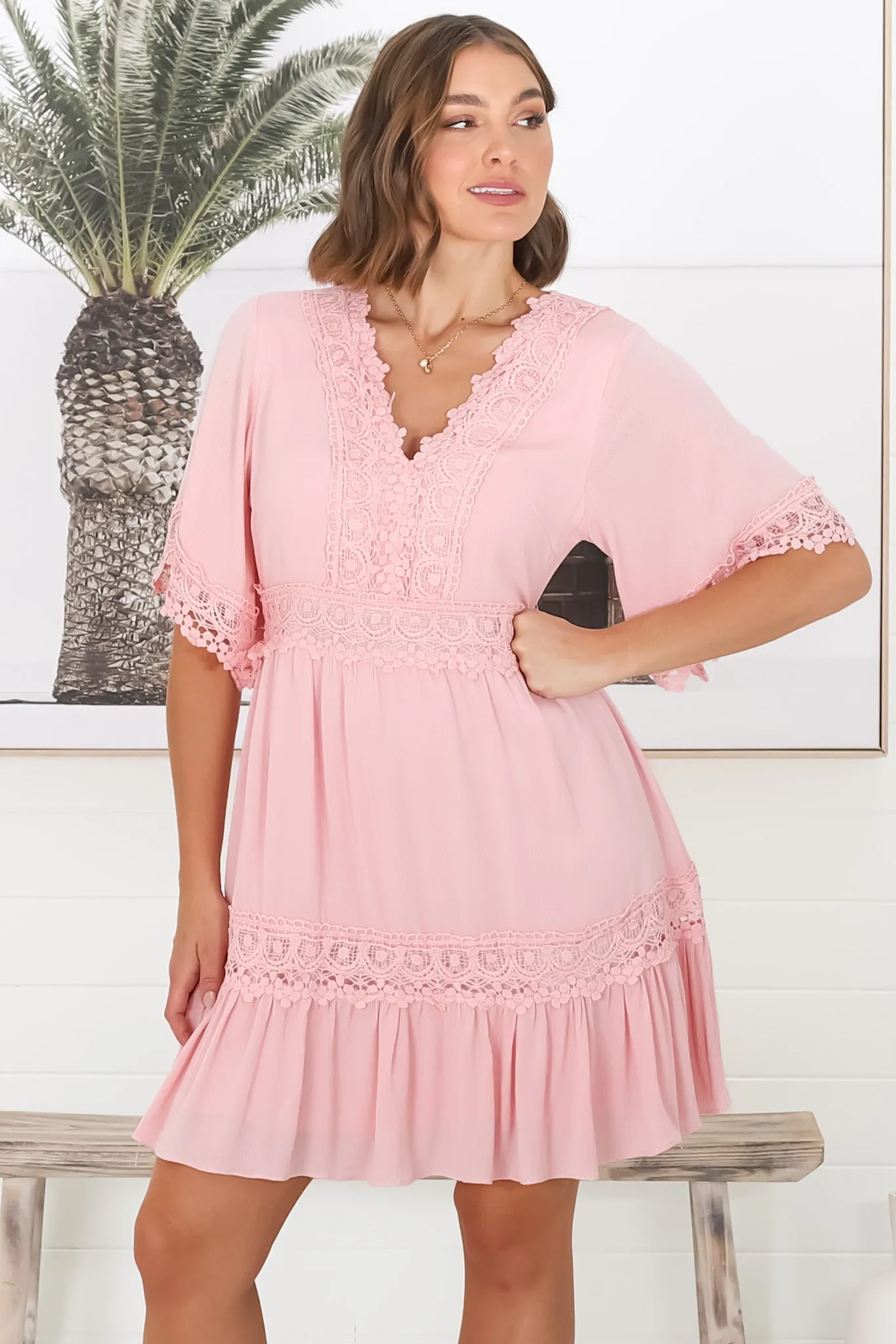 Leelie Mini Dress - Lace Embellished Tiered Dress with Bell Sleeves in Pink sold by Salty Crush product image thumbnail 4