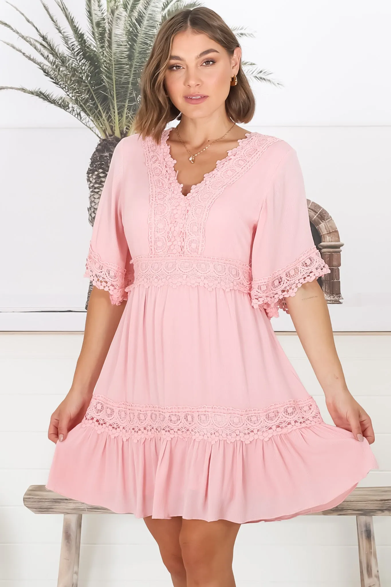 Leelie Mini Dress - Lace Embellished Tiered Dress with Bell Sleeves in Pink sold by Salty Crush product image thumbnail 3
