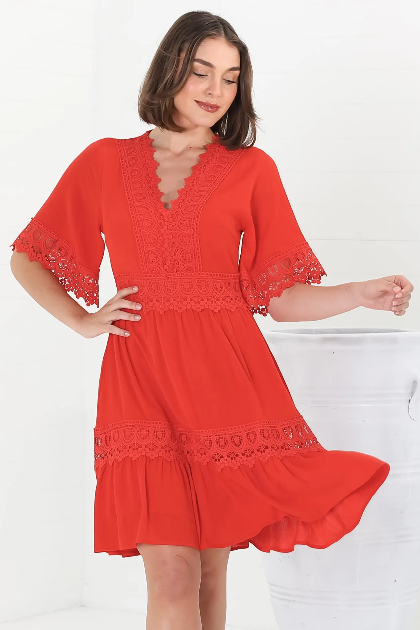 Leelie Mini Dress - Lace Embellished Tiered Dress with Bell Sleeves in Red sold by Salty Crush product image thumbnail 2
