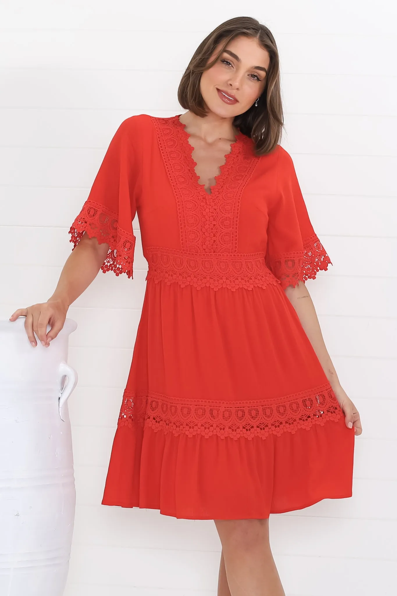 Leelie Mini Dress - Lace Embellished Tiered Dress with Bell Sleeves in Red sold by Salty Crush