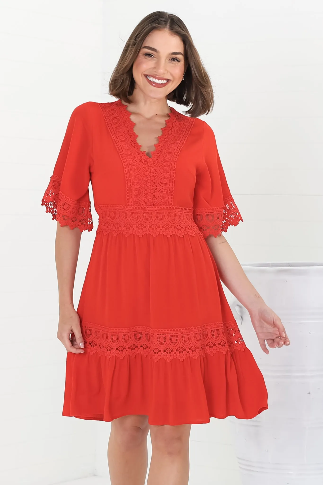 Leelie Mini Dress - Lace Embellished Tiered Dress with Bell Sleeves in Red sold by Salty Crush product image thumbnail 4