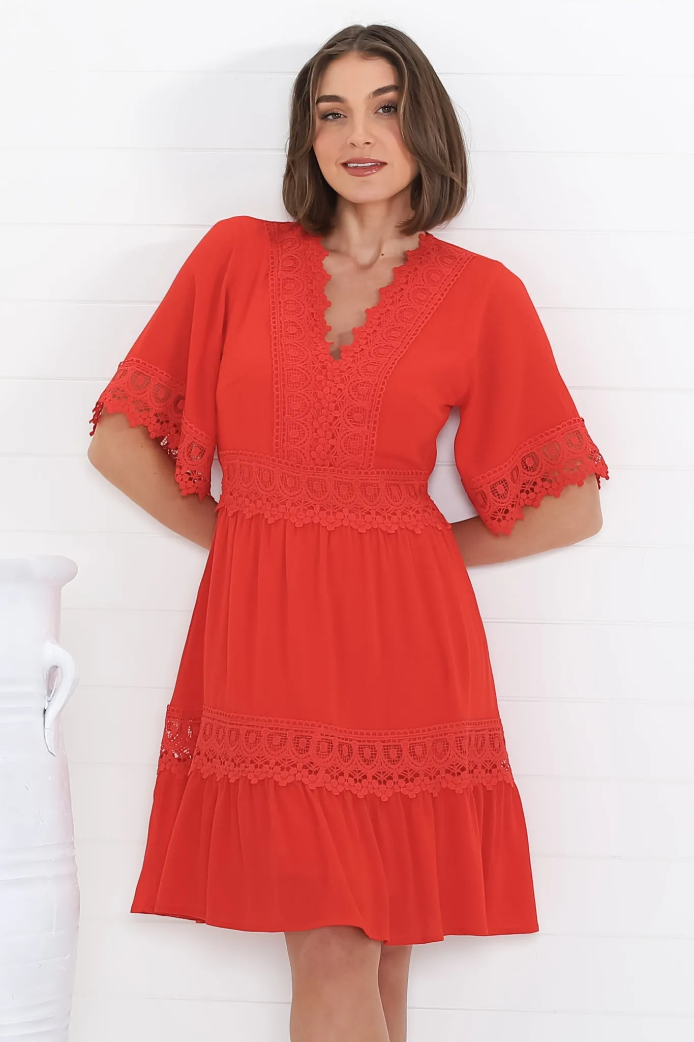 Leelie Mini Dress - Lace Embellished Tiered Dress with Bell Sleeves in Red sold by Salty Crush product image thumbnail 5