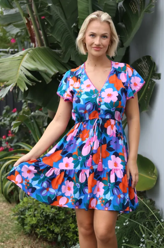 Loisa Mini Dress - Crochet Trim V Neck Dress with Cap Sleeves in Florabelle Print sold by Salty Crush