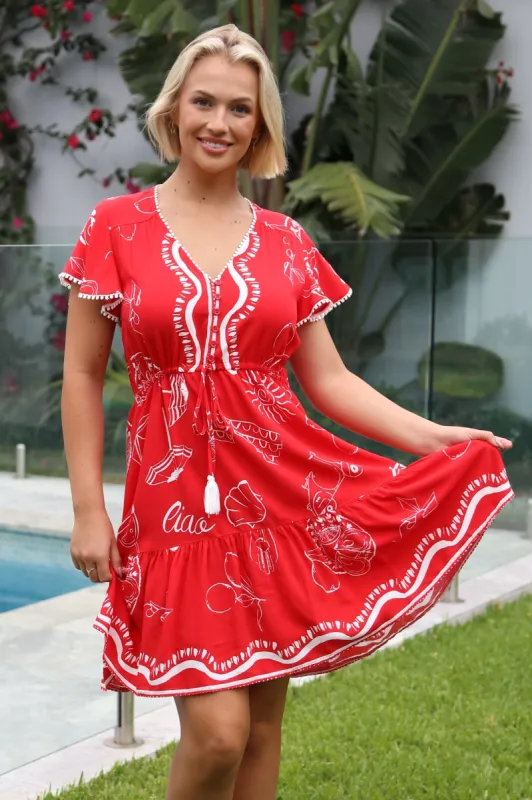 Loisa Mini Dress - Crochet Trim V Neck Dress with Cap Sleeves in Caprissimo Print sold by Salty Crush