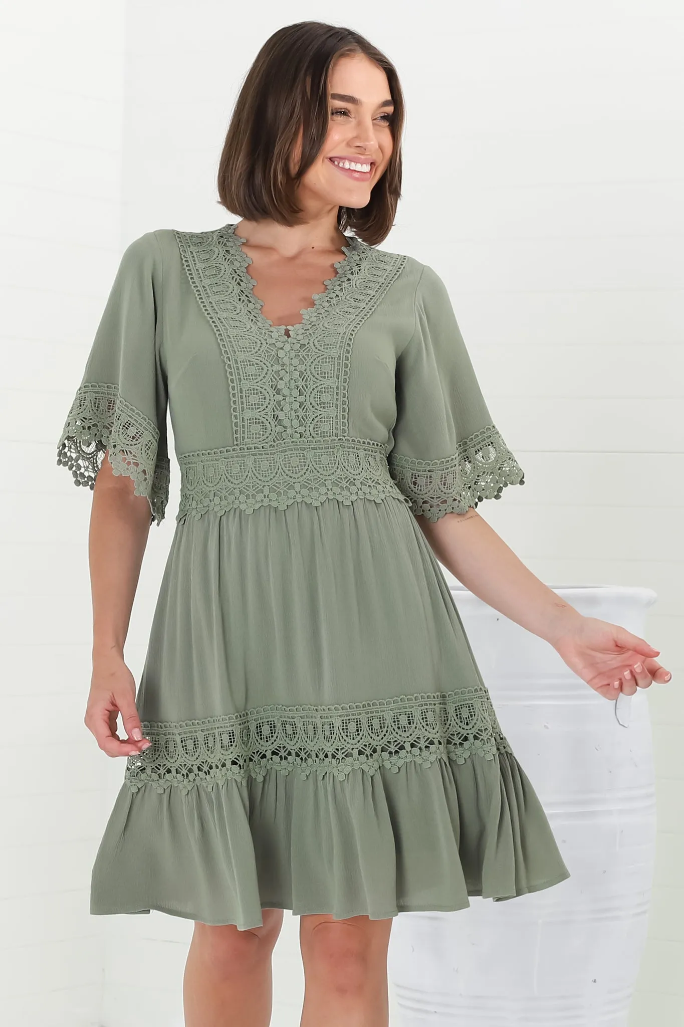 Leelie Mini Dress - Lace Embellished Tiered Dress with Bell Sleeves in Green sold by Salty Crush product image thumbnail 2
