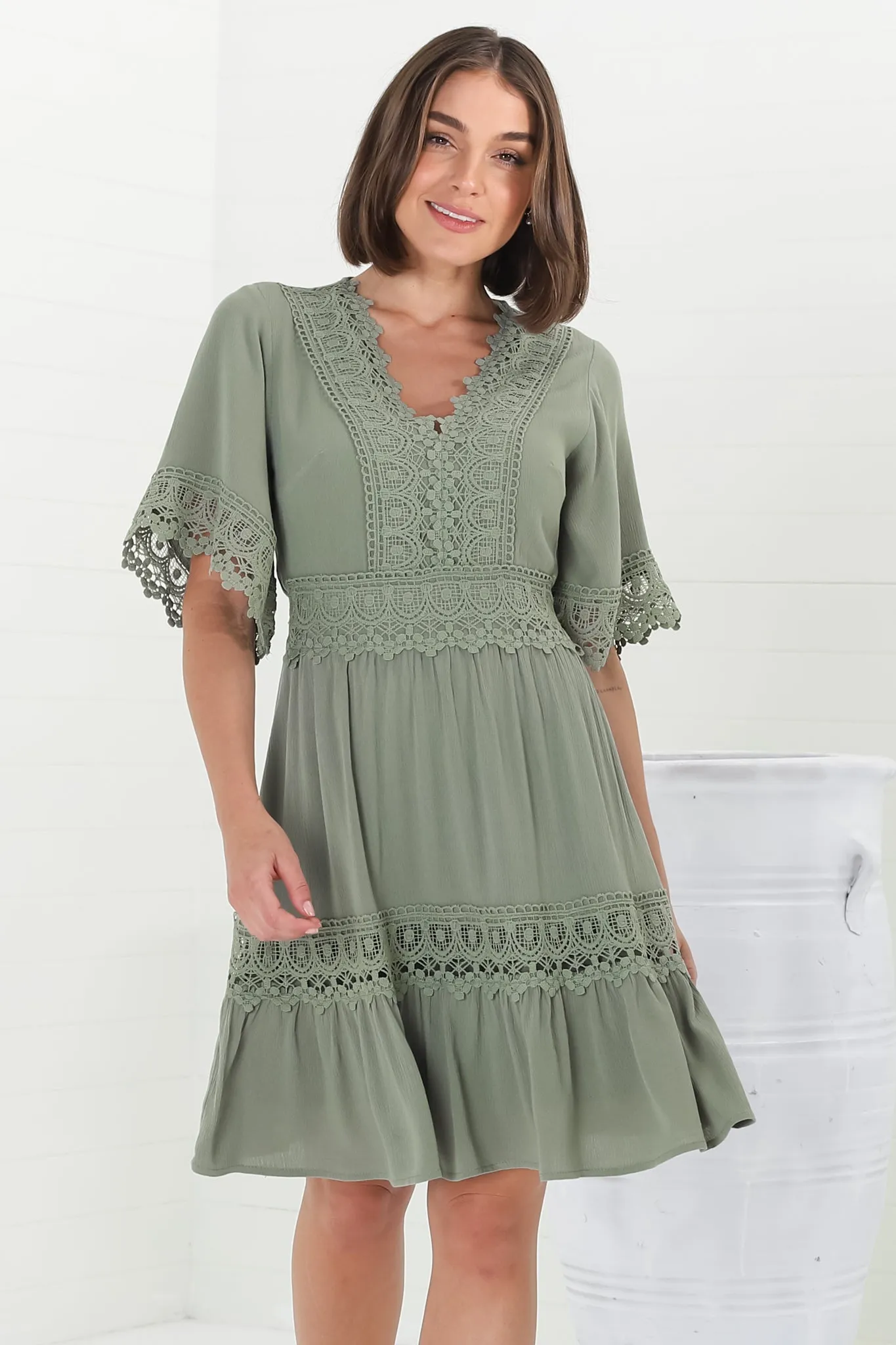 Leelie Mini Dress - Lace Embellished Tiered Dress with Bell Sleeves in Green sold by Salty Crush product image thumbnail 4