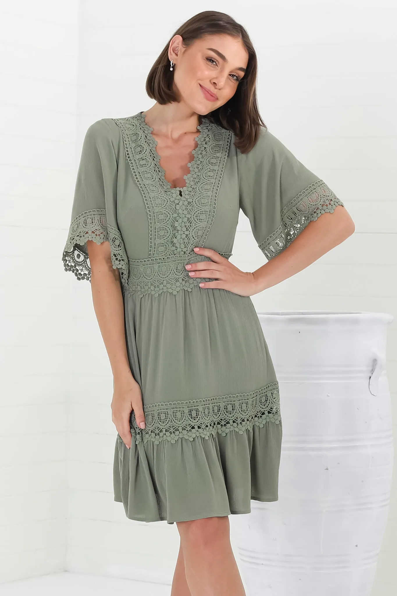 Leelie Mini Dress - Lace Embellished Tiered Dress with Bell Sleeves in Green sold by Salty Crush product image thumbnail 3