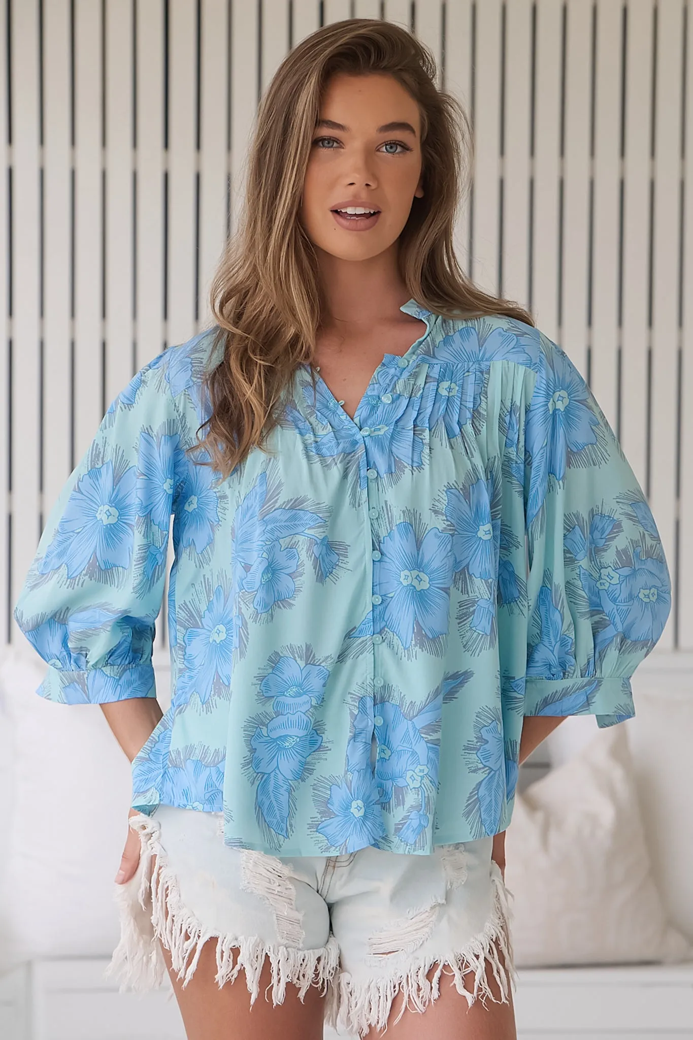 JAASE - Adela Blouse: Pleated Collar Bone Line Button Down Blouse in Summer Song Print sold by Salty Crush product image thumbnail 3