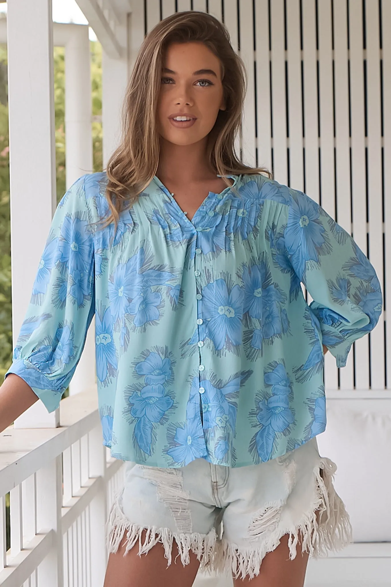 JAASE - Adela Blouse: Pleated Collar Bone Line Button Down Blouse in Summer Song Print sold by Salty Crush