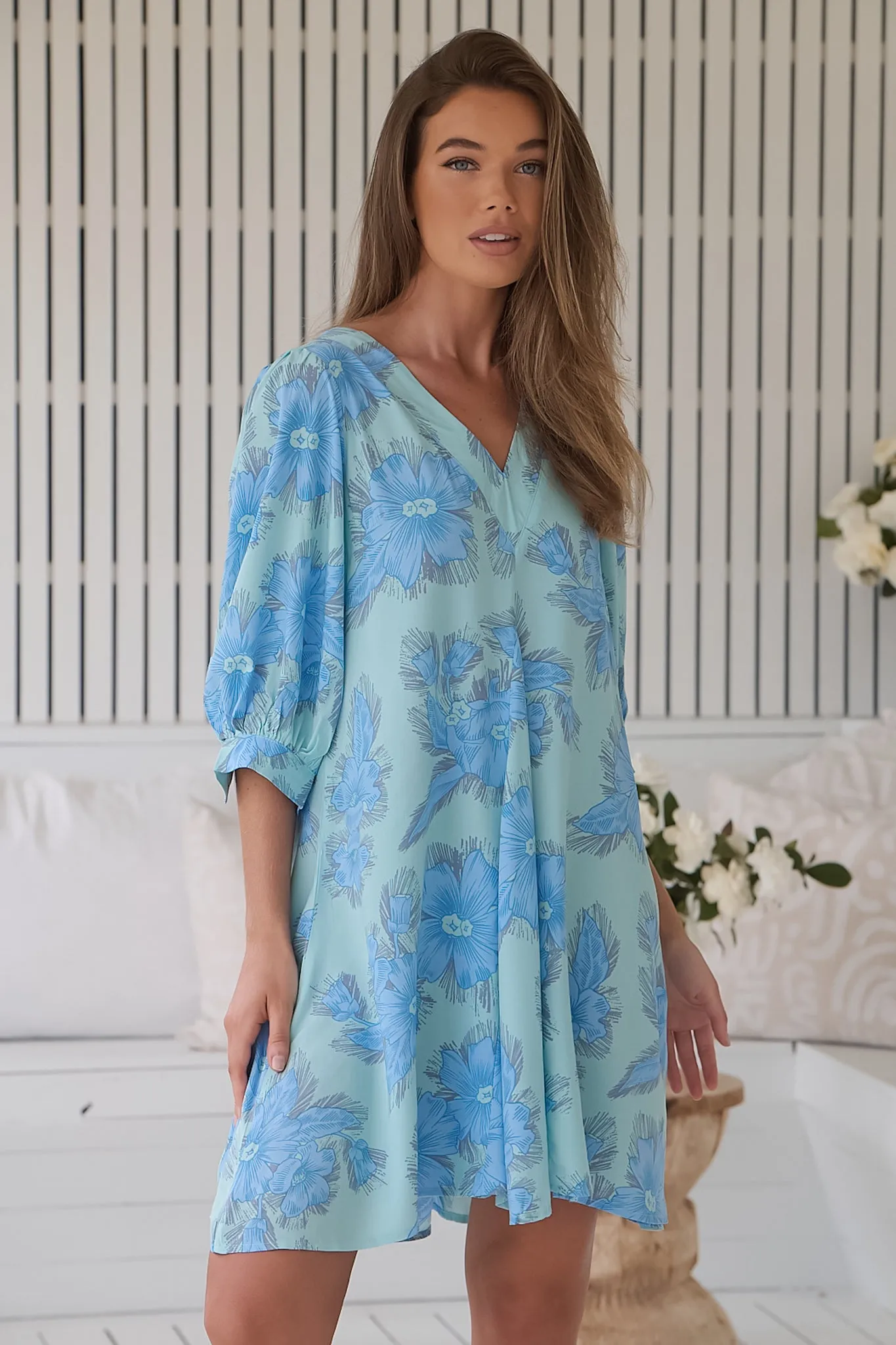 London Mini Dress - Balloon Sleeve Shift Dress in Summer Song Print sold by Salty Crush product image thumbnail 3