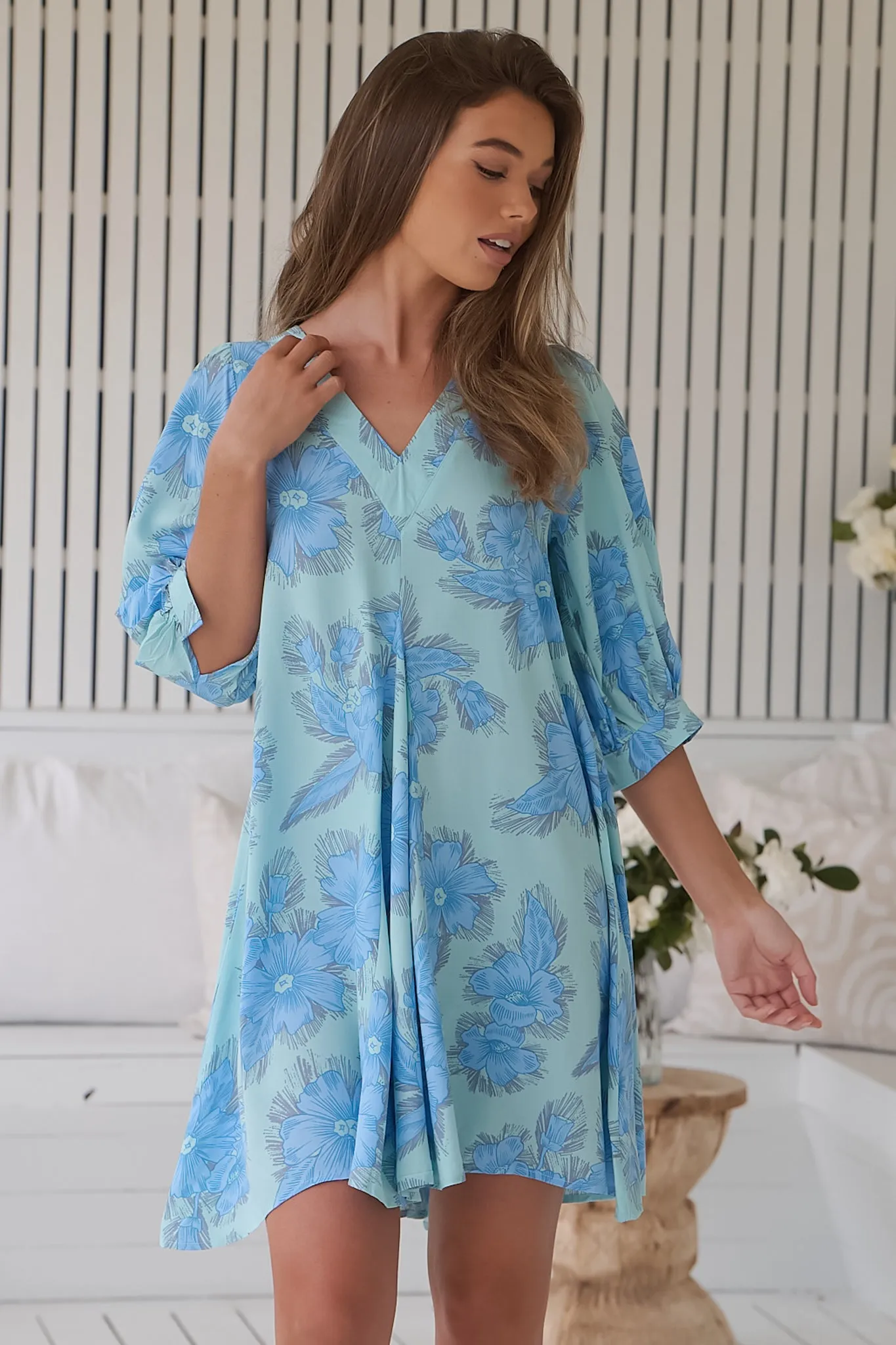 London Mini Dress - Balloon Sleeve Shift Dress in Summer Song Print sold by Salty Crush product image thumbnail 4