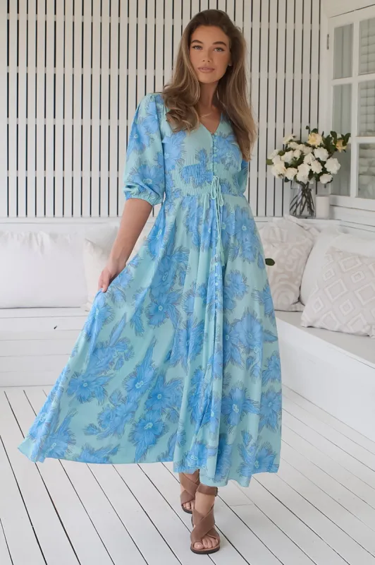 Indy Maxi Dress - Balloon Sleeve Button Through Dress in Summer Song Print sold by Salty Crush