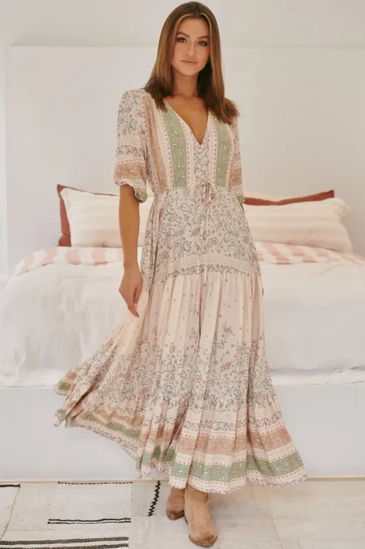 JAASE - Tessa Maxi Dress: A Line Pull Tie Waist Dress in Mist Flower Print sold by Salty Crush