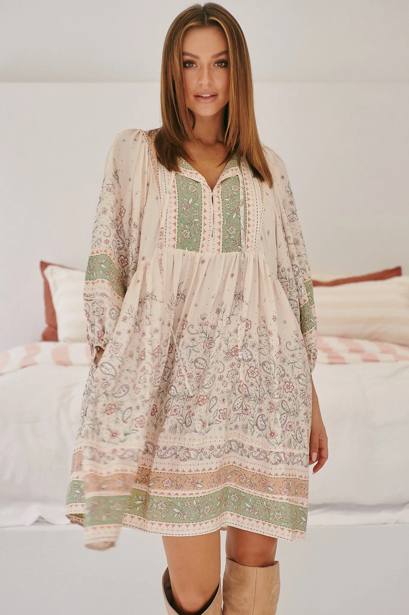 JAASE - Adela Mini Dress: Oversized Smock Dress with Batwing Sleeves in Mist Flower Print sold by Salty Crush