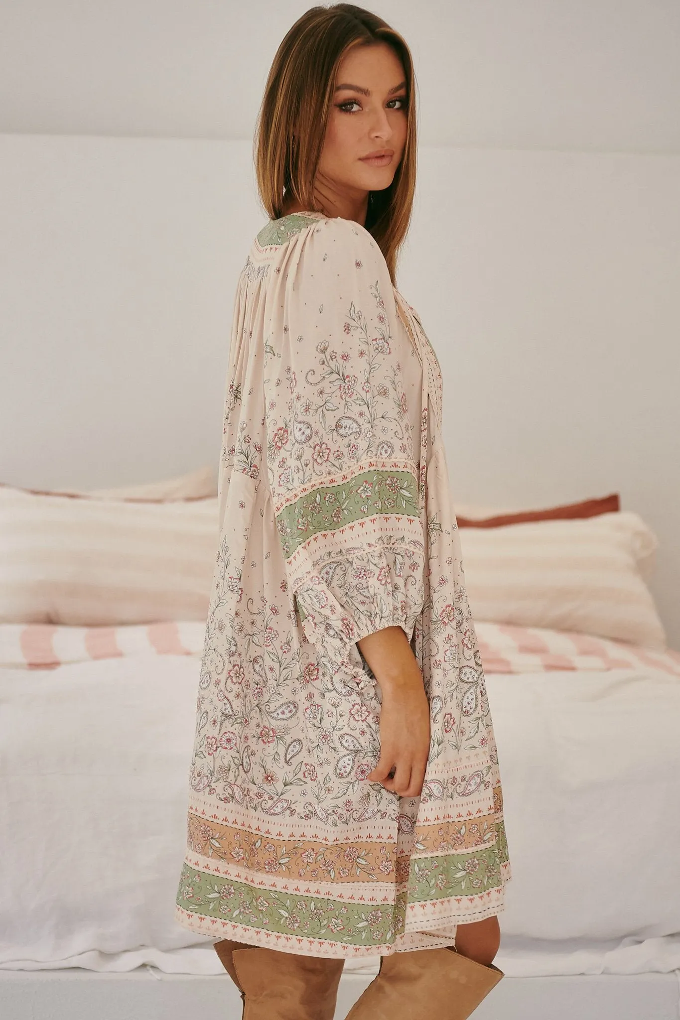 JAASE - Adela Mini Dress: Oversized Smock Dress with Batwing Sleeves in Mist Flower Print sold by Salty Crush product image thumbnail 4