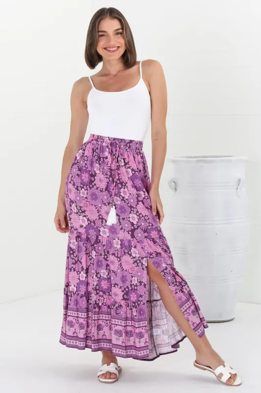 Thea Maxi Skirt - High Waisted Tiered Skirt with Modest Split in Ursulla Print Purple sold by Salty Crush