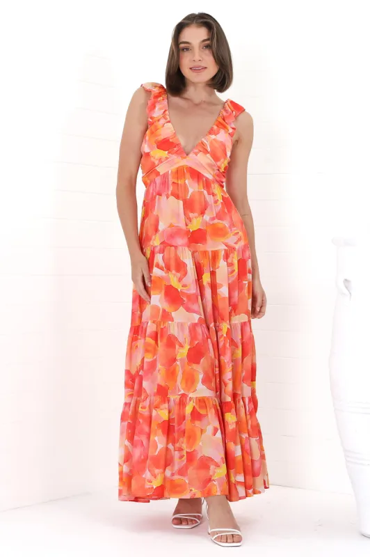 Bethany Maxi Dress - Frill Strap Tiered A-Line Dress in Lavie Print sold by Salty Crush