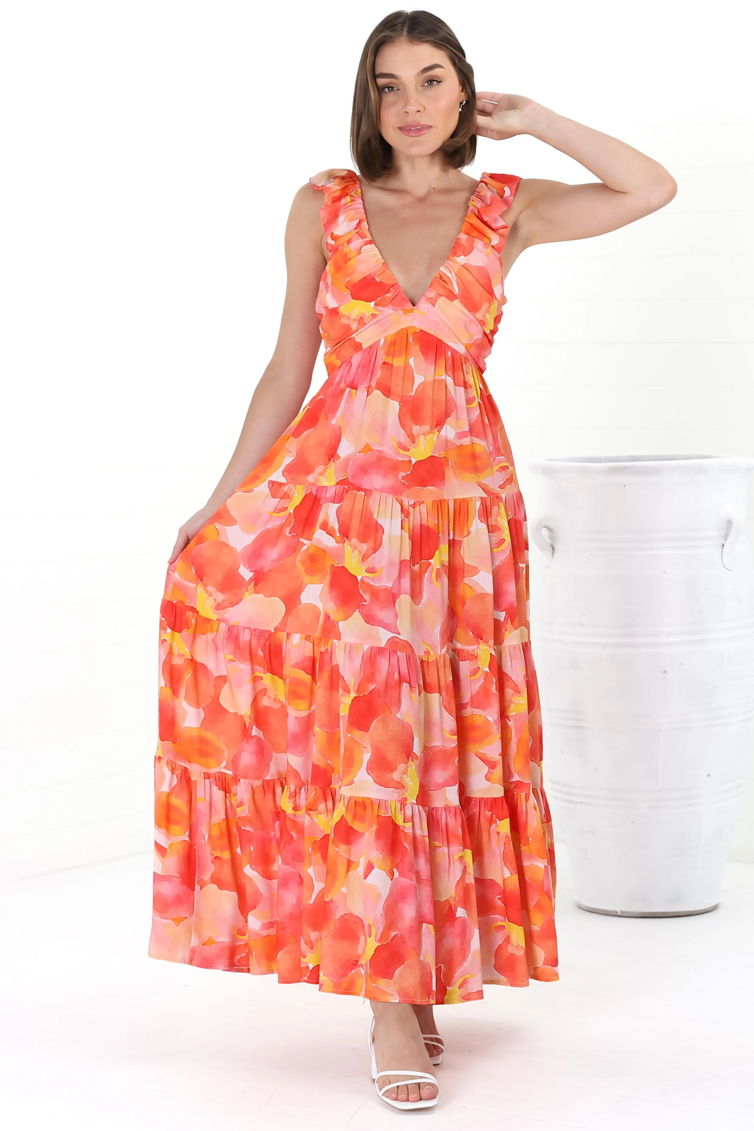 Bethany Maxi Dress - Frill Strap Tiered A-Line Dress in Lavie Print sold by Salty Crush product image thumbnail 5
