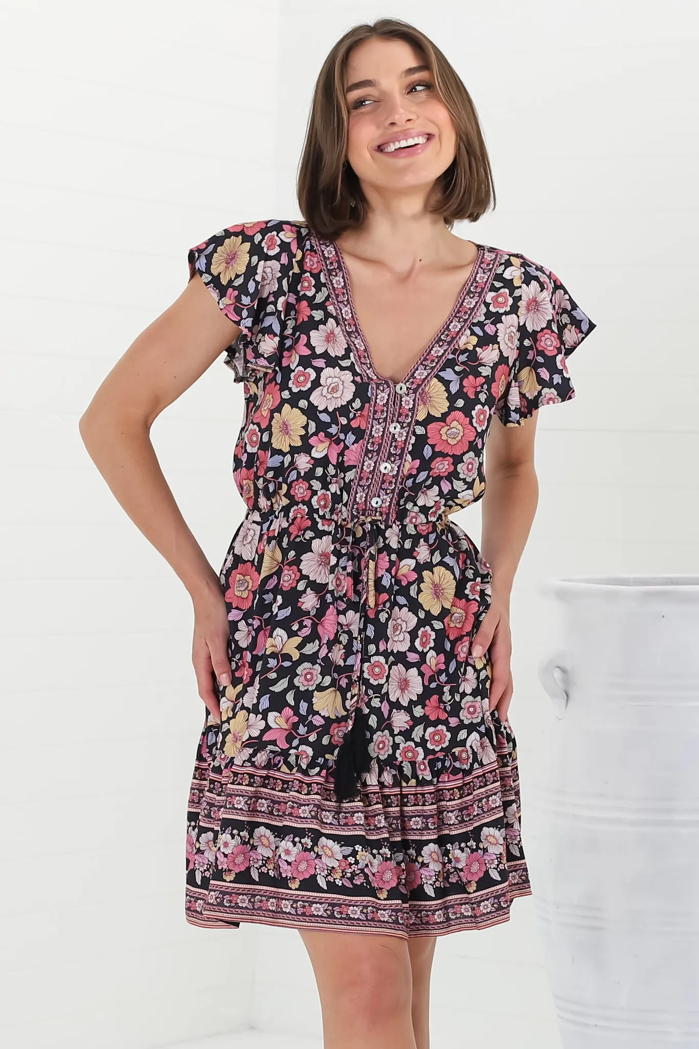 Kailin Mini Dress - Cap Sleeve A Line Dress in Anissa Print Black sold by Salty Crush product image thumbnail 5