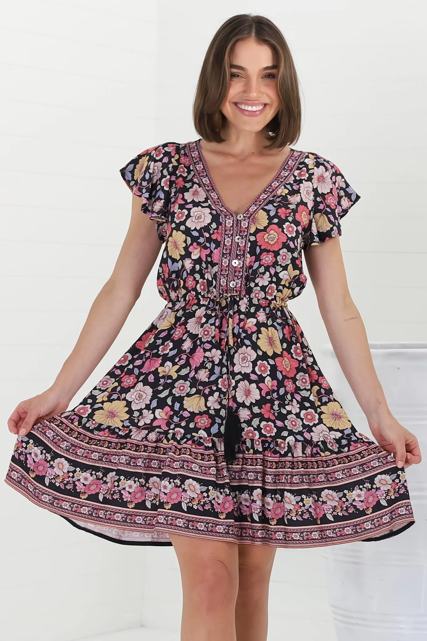 Kailin Mini Dress - Cap Sleeve A Line Dress in Anissa Print Black sold by Salty Crush product image thumbnail 4