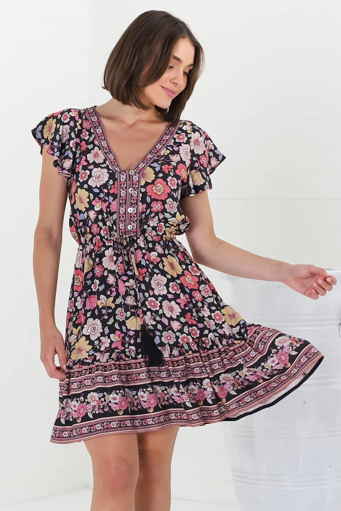 Kailin Mini Dress - Cap Sleeve A Line Dress in Anissa Print Black sold by Salty Crush product image thumbnail 2