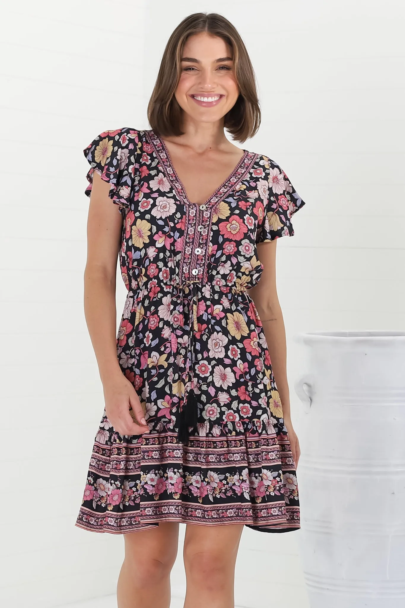 Kailin Mini Dress - Cap Sleeve A Line Dress in Anissa Print Black sold by Salty Crush