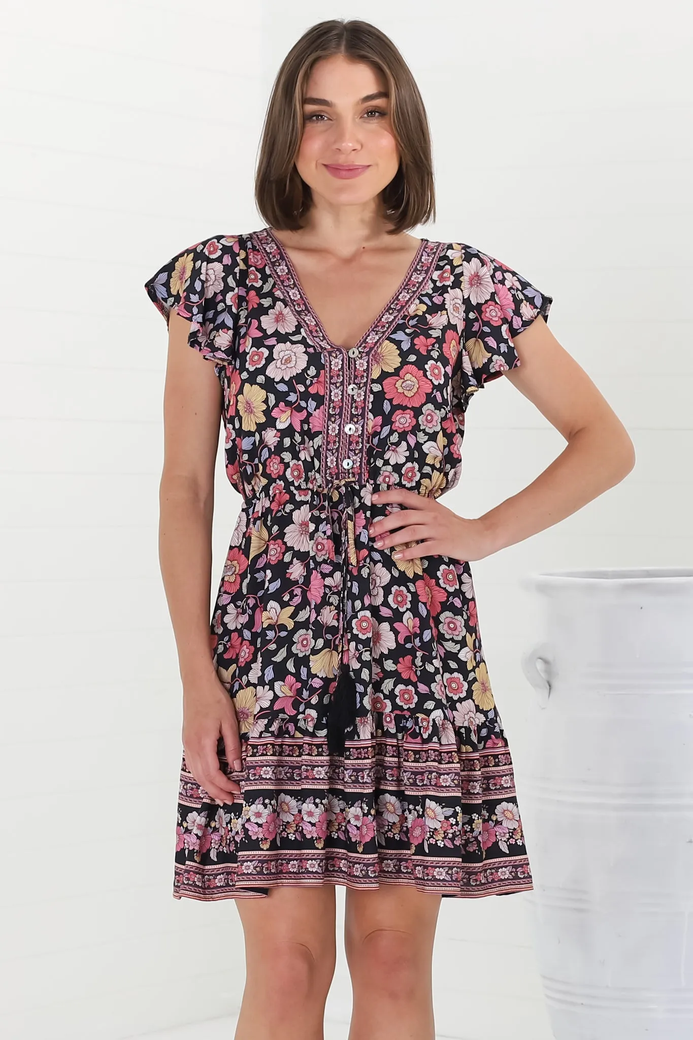 Kailin Mini Dress - Cap Sleeve A Line Dress in Anissa Print Black sold by Salty Crush product image thumbnail 3