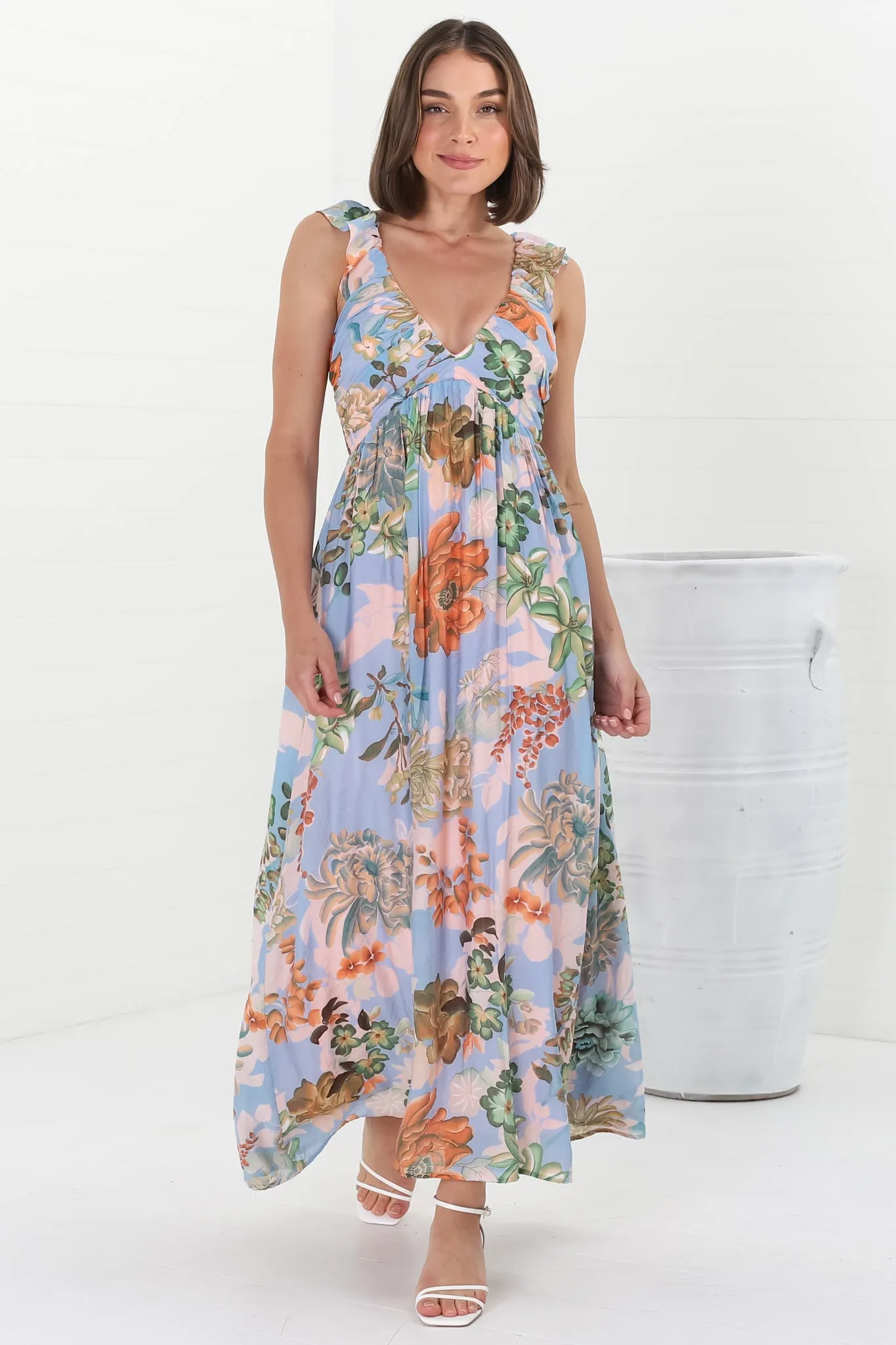 Greta Maxi Dress - Frill Strap V-Neck A-Line Dress in Sula Print sold by Salty Crush product image thumbnail 5