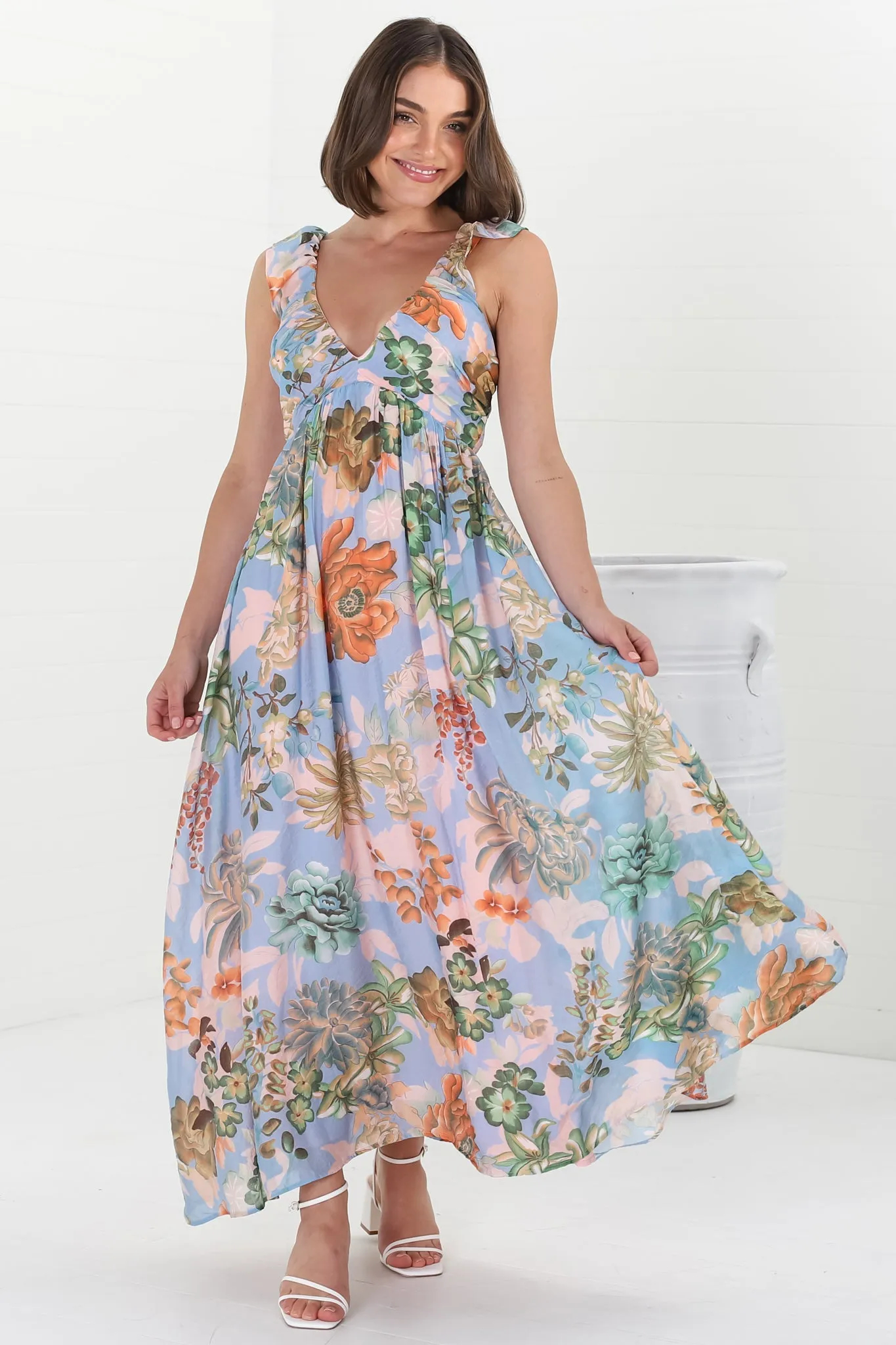 Greta Maxi Dress - Frill Strap V-Neck A-Line Dress in Sula Print sold by Salty Crush