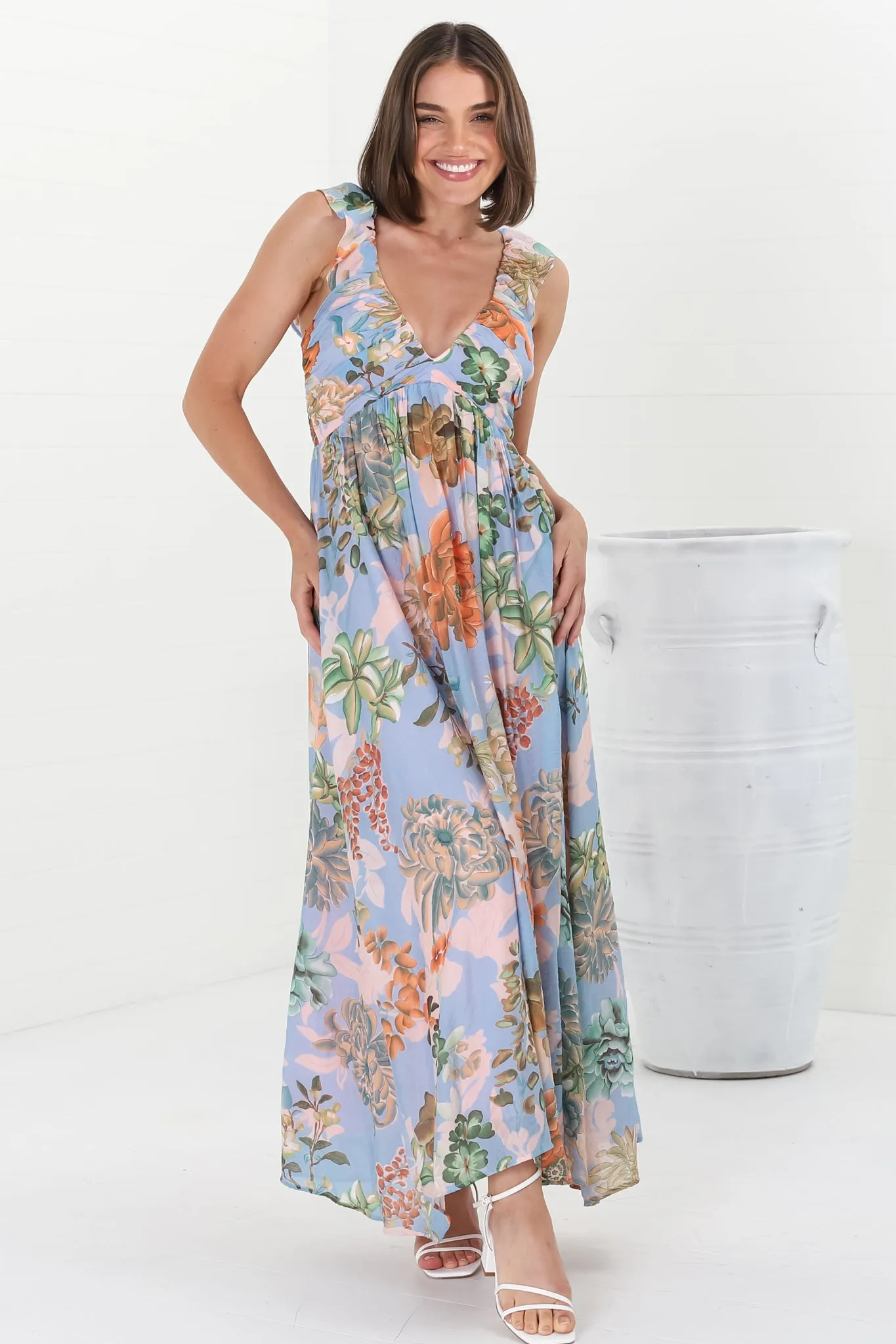 Greta Maxi Dress - Frill Strap V-Neck A-Line Dress in Sula Print sold by Salty Crush product image thumbnail 3