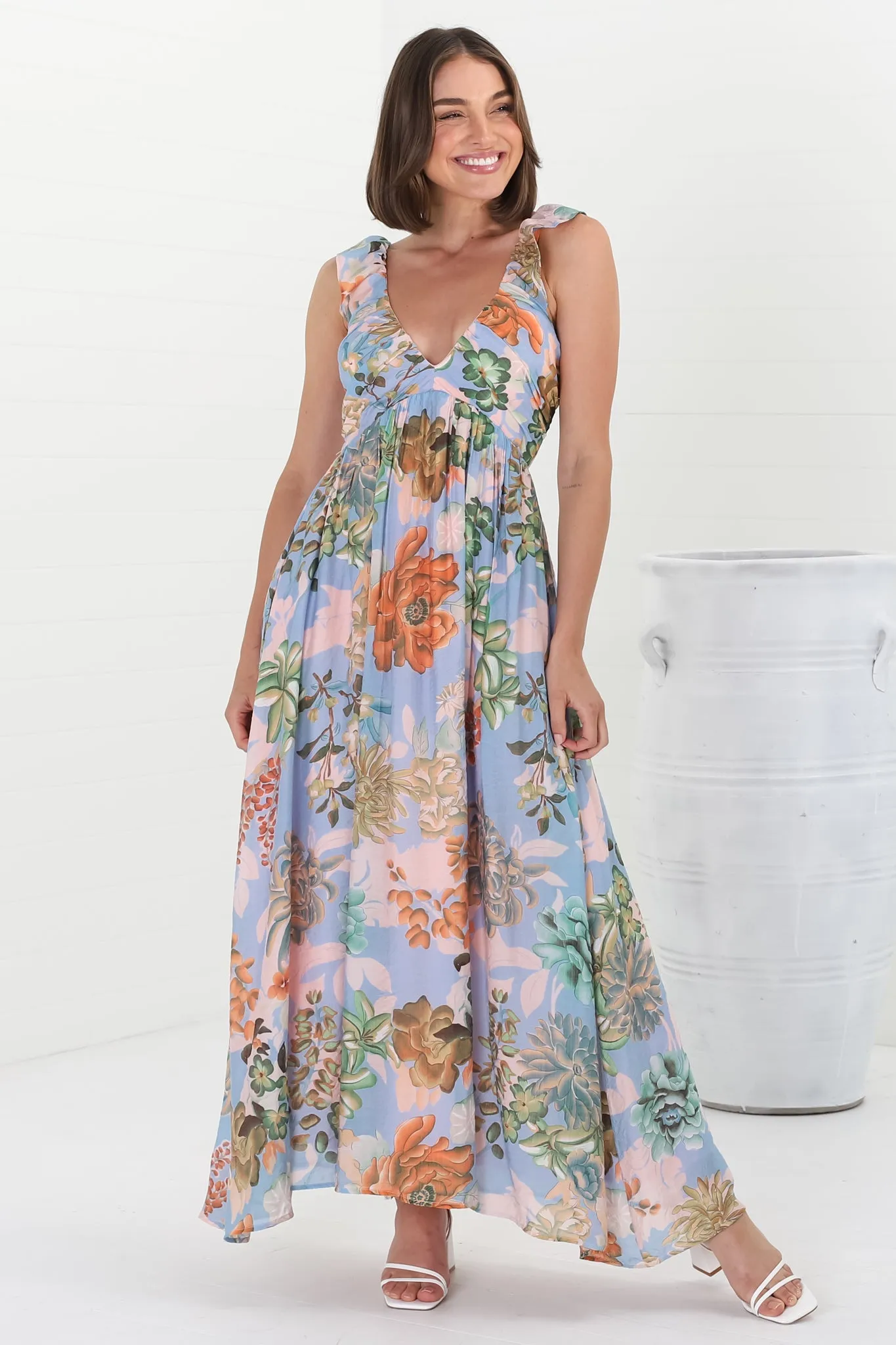 Greta Maxi Dress - Frill Strap V-Neck A-Line Dress in Sula Print sold by Salty Crush product image thumbnail 2