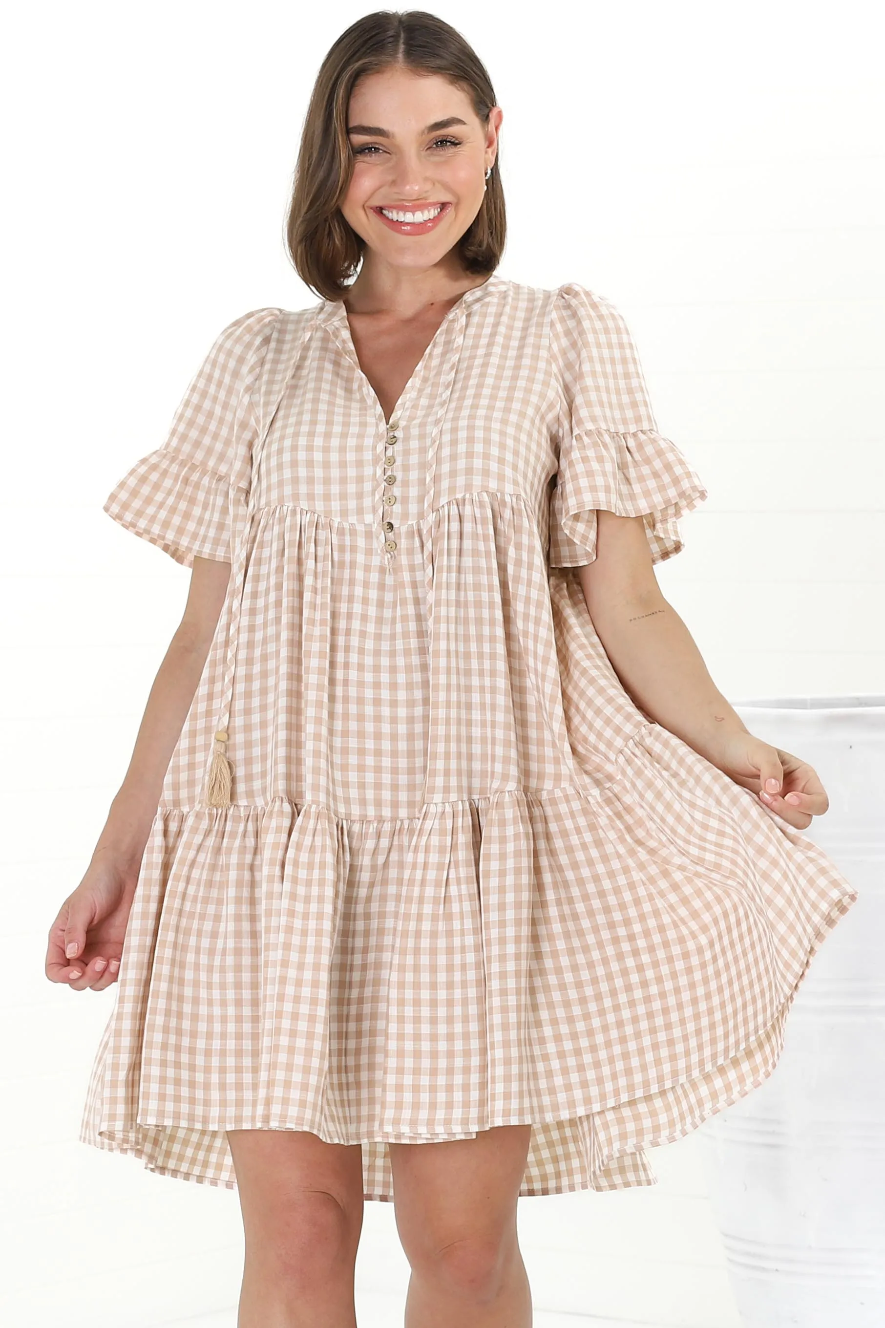 Lilou Mini Dress - Pull Over Dress With Buttoned Bodice in Didi Print Beige sold by Salty Crush