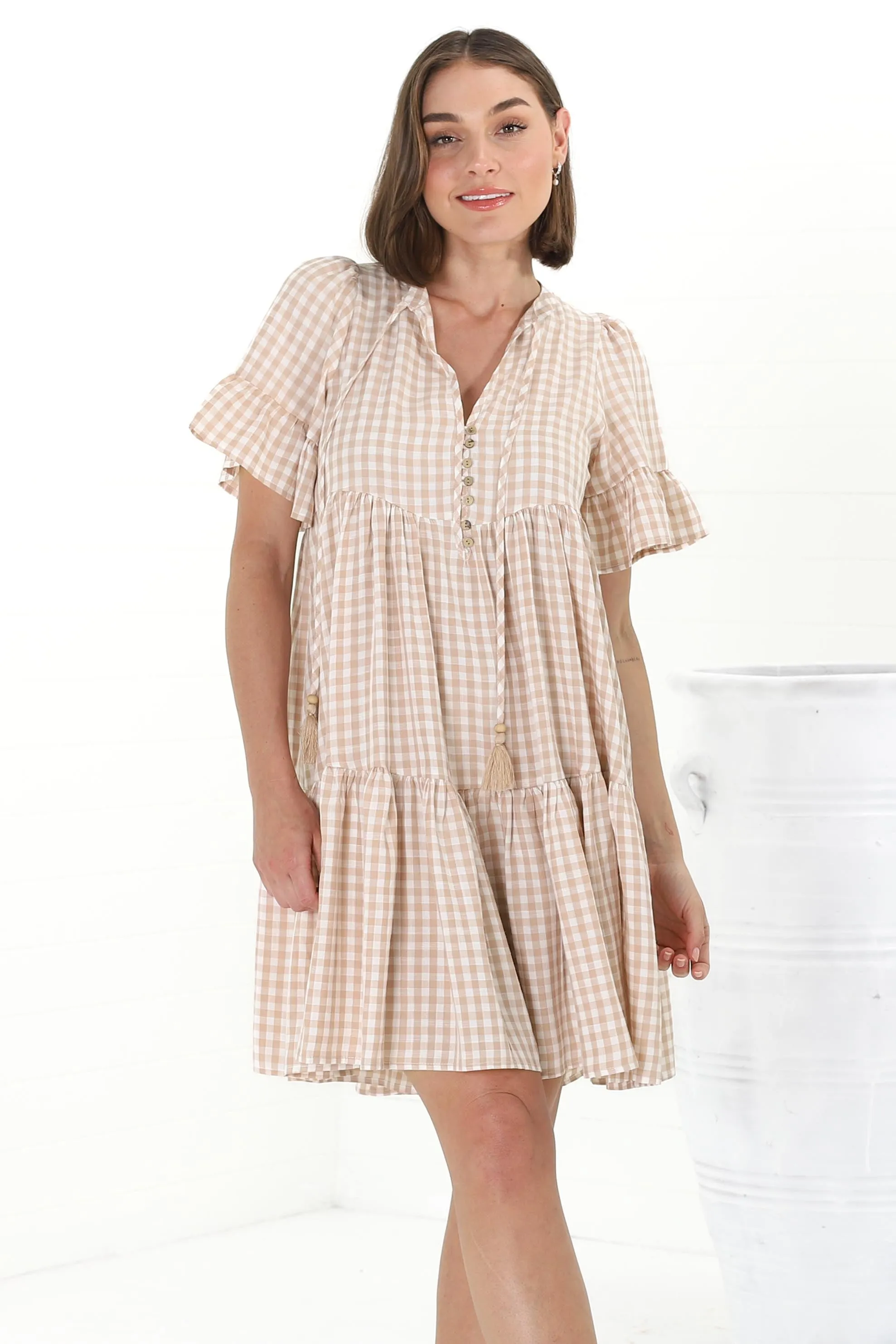 Lilou Mini Dress - Pull Over Dress With Buttoned Bodice in Didi Print Beige sold by Salty Crush product image thumbnail 2
