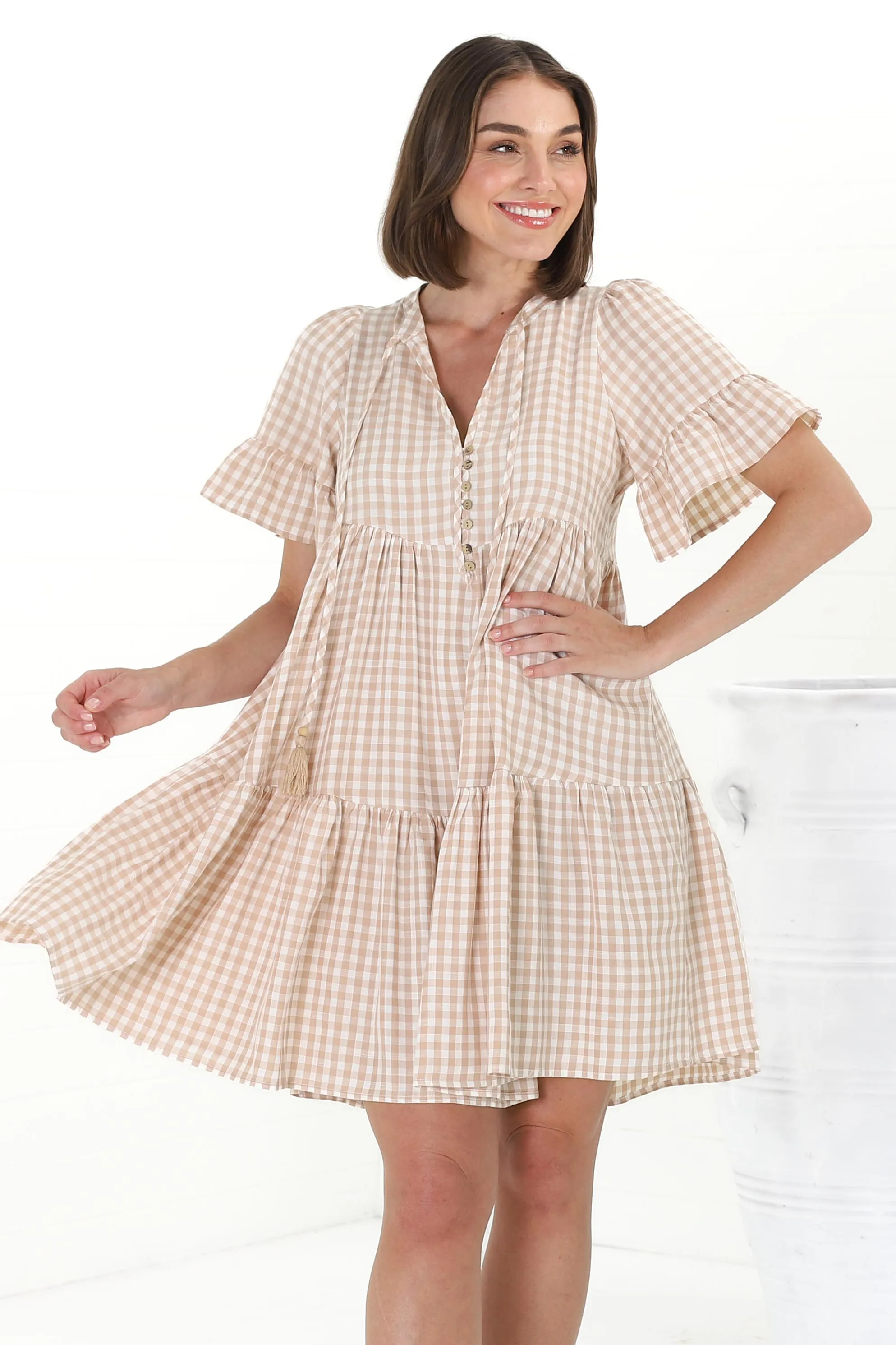 Lilou Mini Dress - Pull Over Dress With Buttoned Bodice in Didi Print Beige sold by Salty Crush product image thumbnail 3