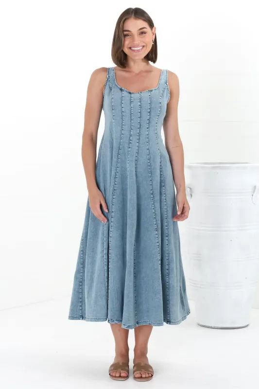 Jadely Midi Dress - Adjustable Strap A-Line Denim Sun Dress in Light Denim sold by Salty Crush