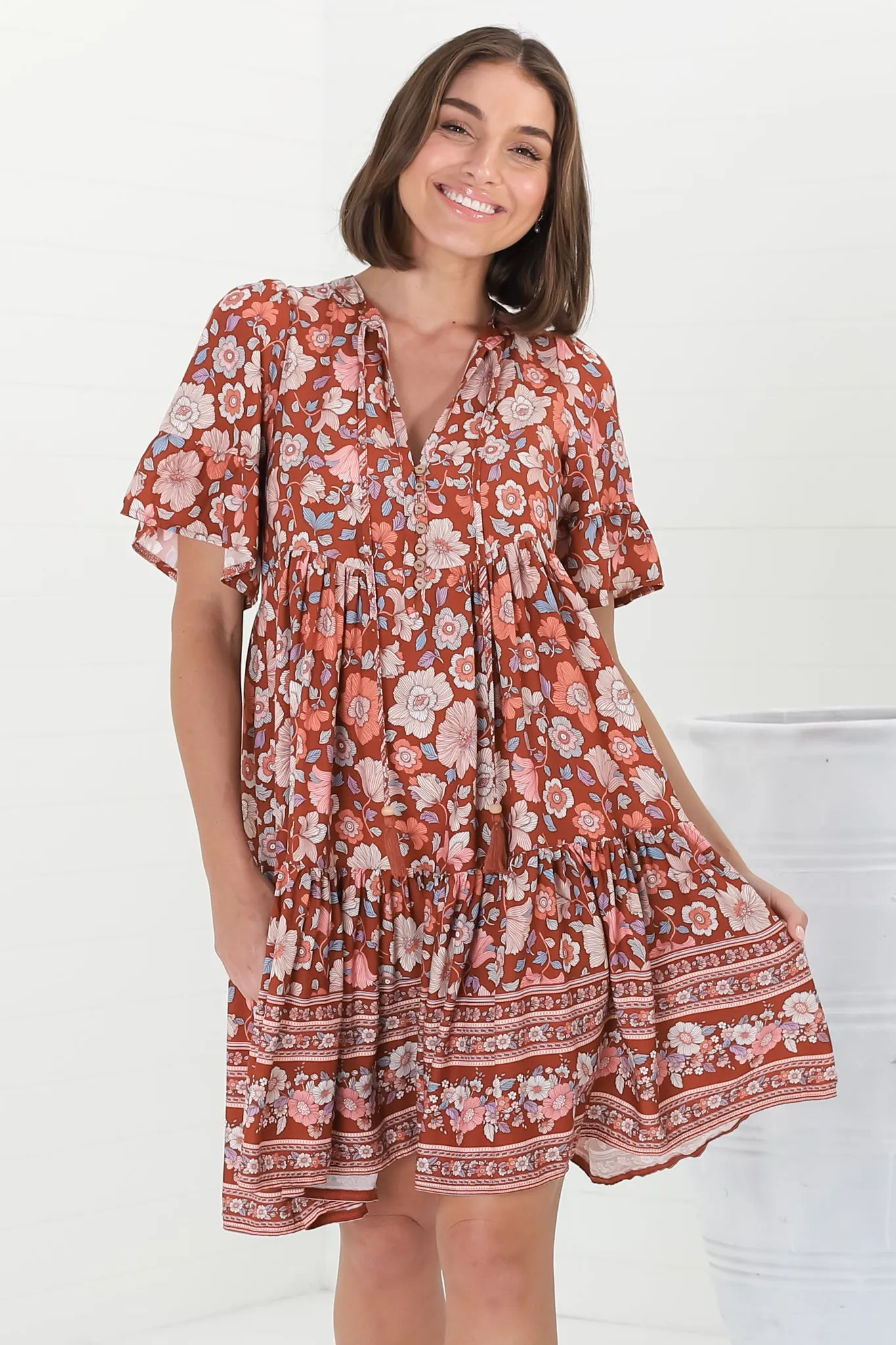 Lilou Mini Dress - Pull Over Dress With Buttoned Bodice in Anissa Print Rust sold by Salty Crush product image thumbnail 5
