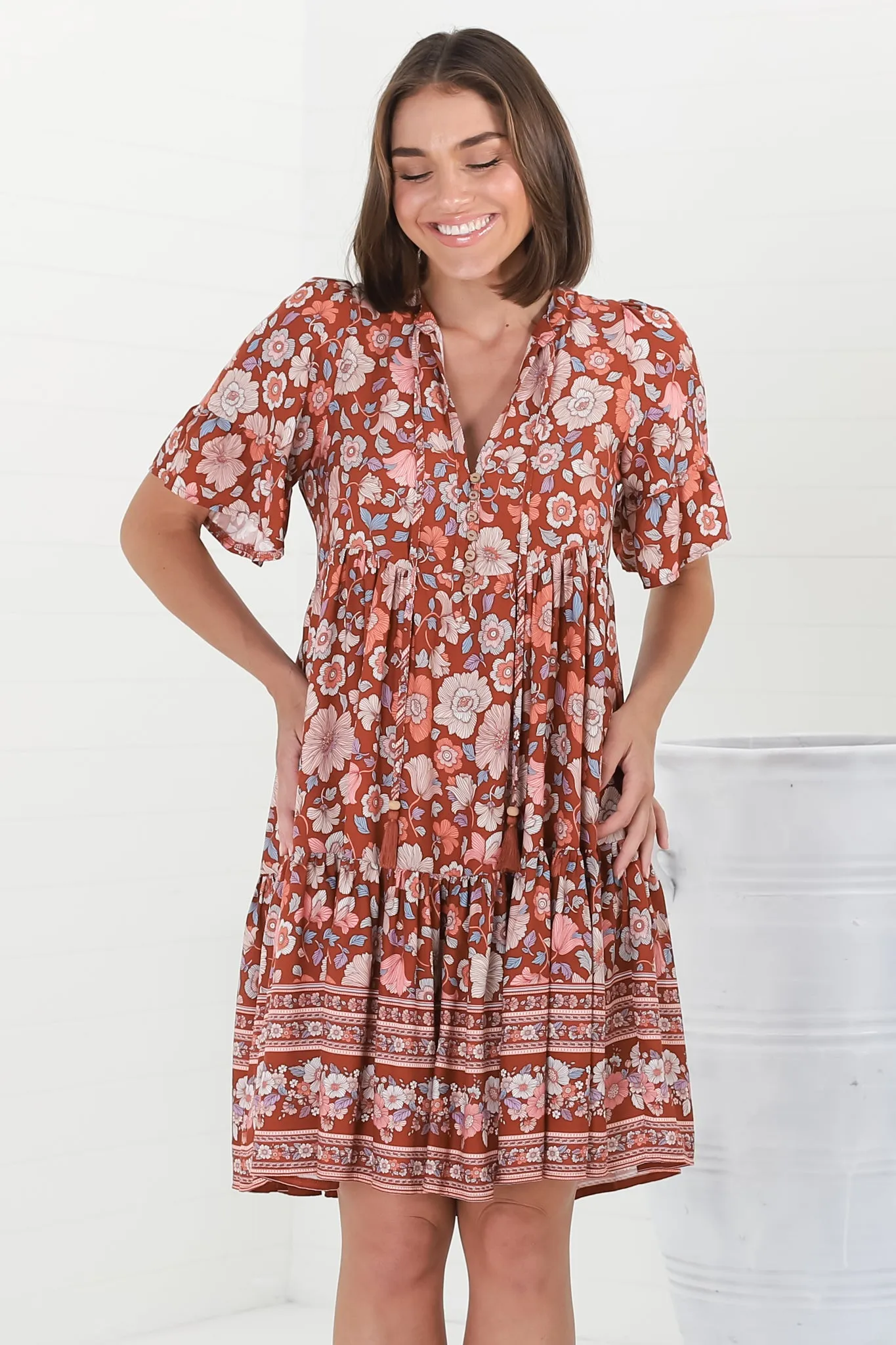 Lilou Mini Dress - Pull Over Dress With Buttoned Bodice in Anissa Print Rust sold by Salty Crush product image thumbnail 4
