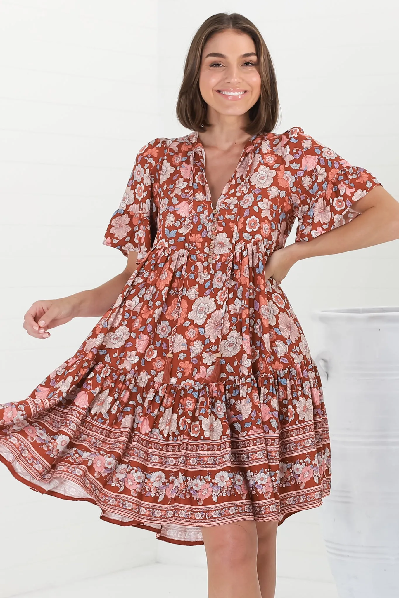 Lilou Mini Dress - Pull Over Dress With Buttoned Bodice in Anissa Print Rust sold by Salty Crush product image thumbnail 3