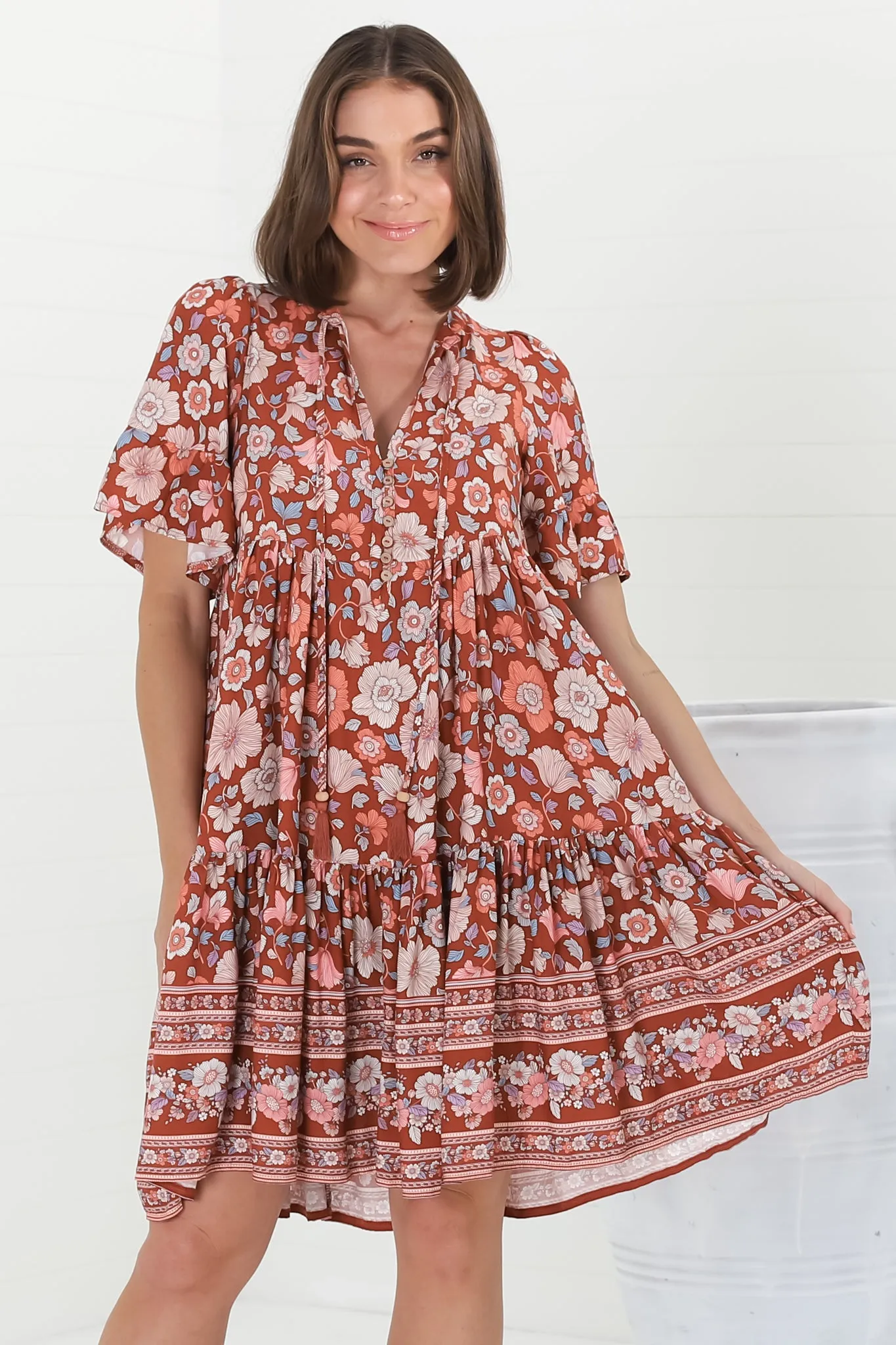 Lilou Mini Dress - Pull Over Dress With Buttoned Bodice in Anissa Print Rust sold by Salty Crush