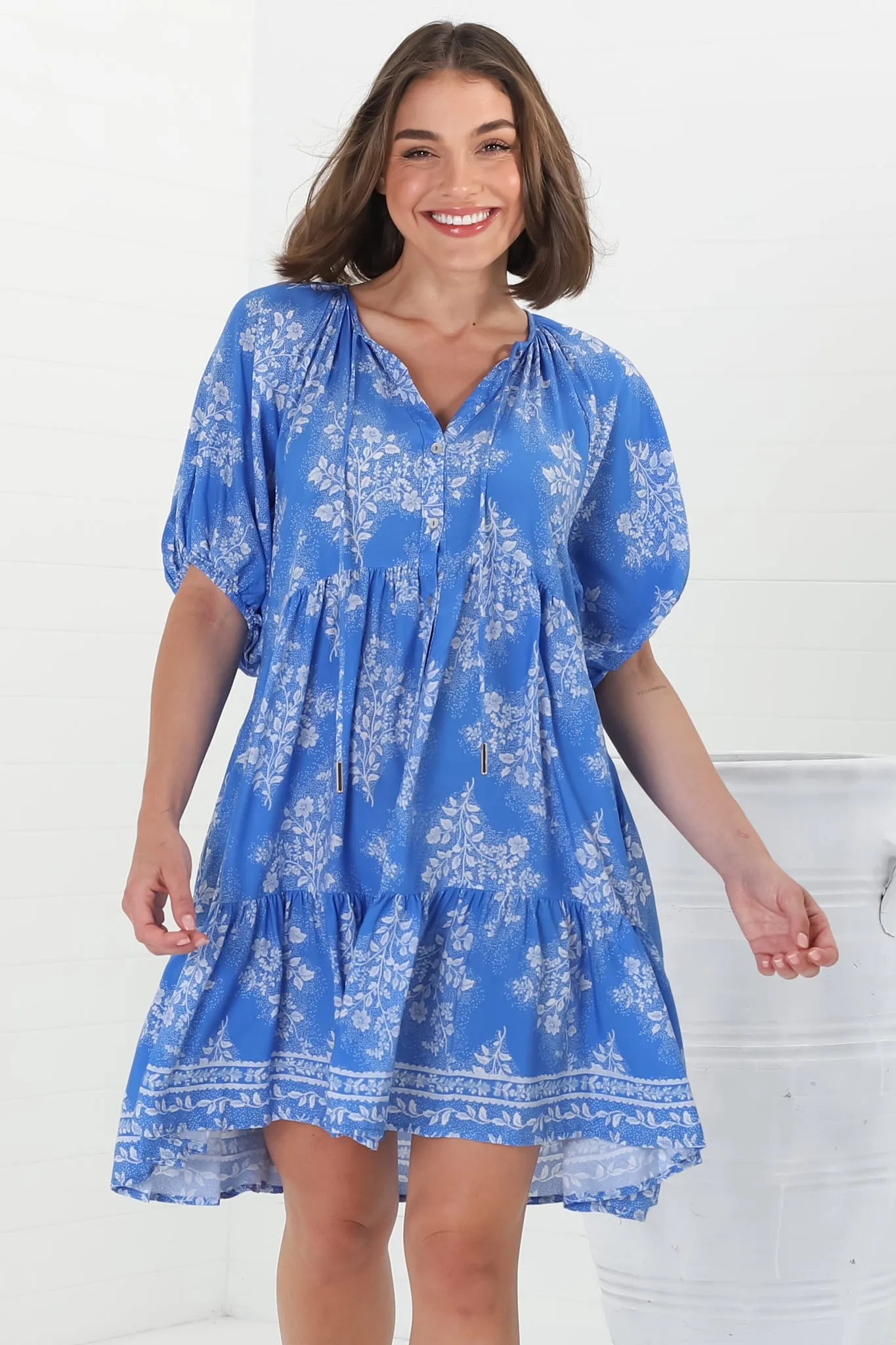 Lia Mini Dress - Balloon Sleeve Smock Dress in blue floral Bridgette Print sold by Salty Crush