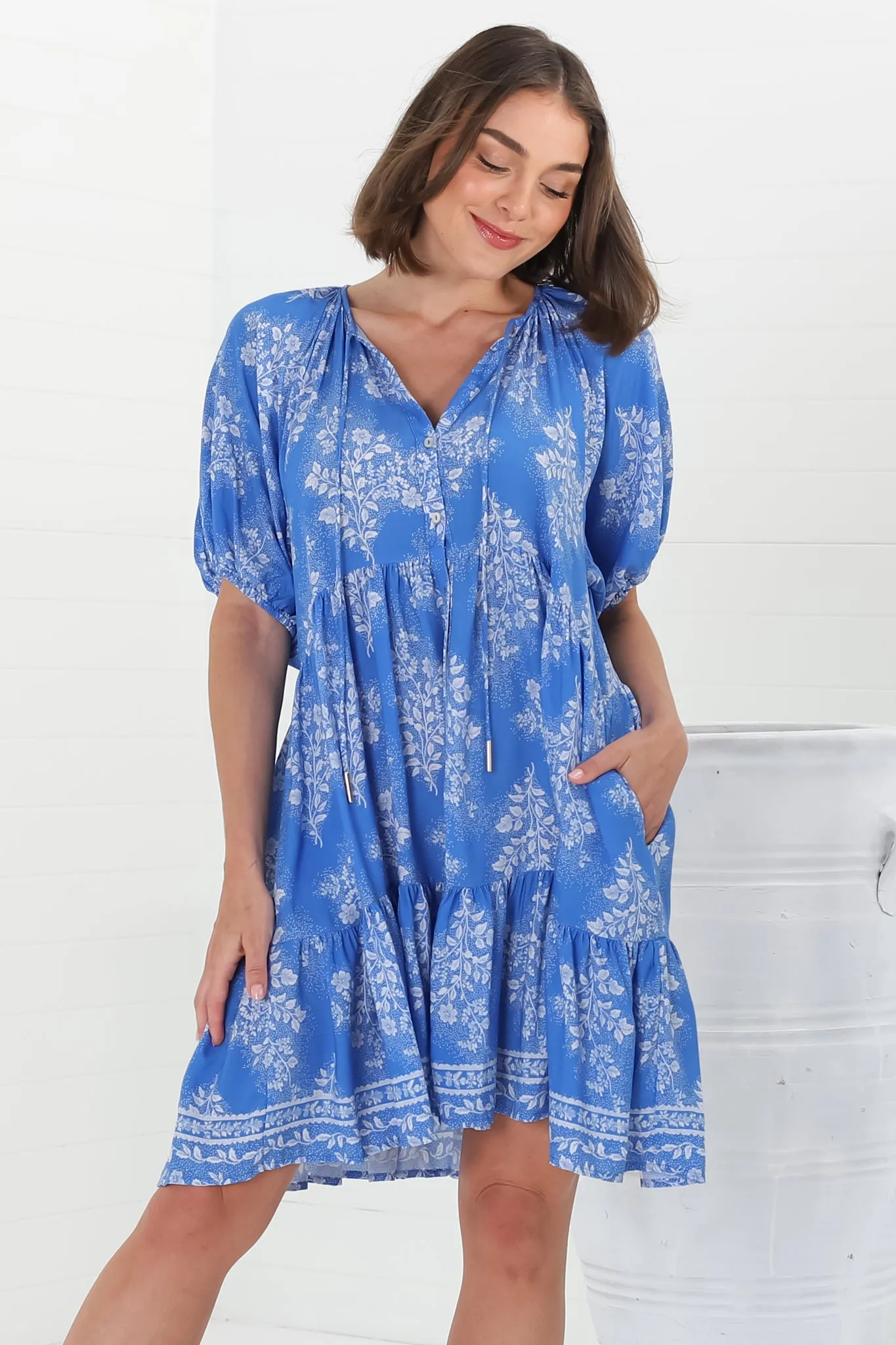 Lia Mini Dress - Balloon Sleeve Smock Dress in blue floral Bridgette Print sold by Salty Crush product image thumbnail 2