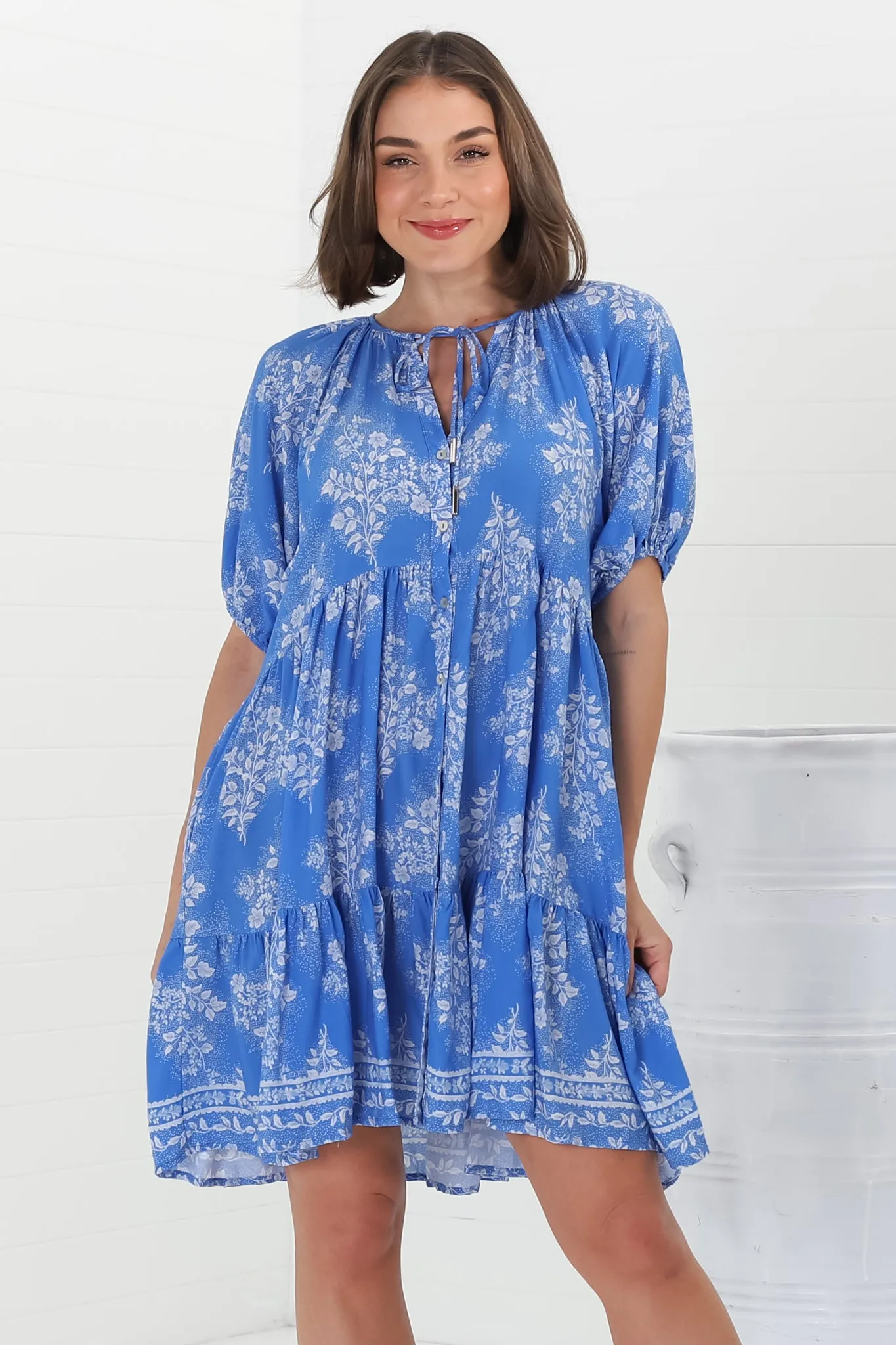 Lia Mini Dress - Balloon Sleeve Smock Dress in blue floral Bridgette Print sold by Salty Crush product image thumbnail 4