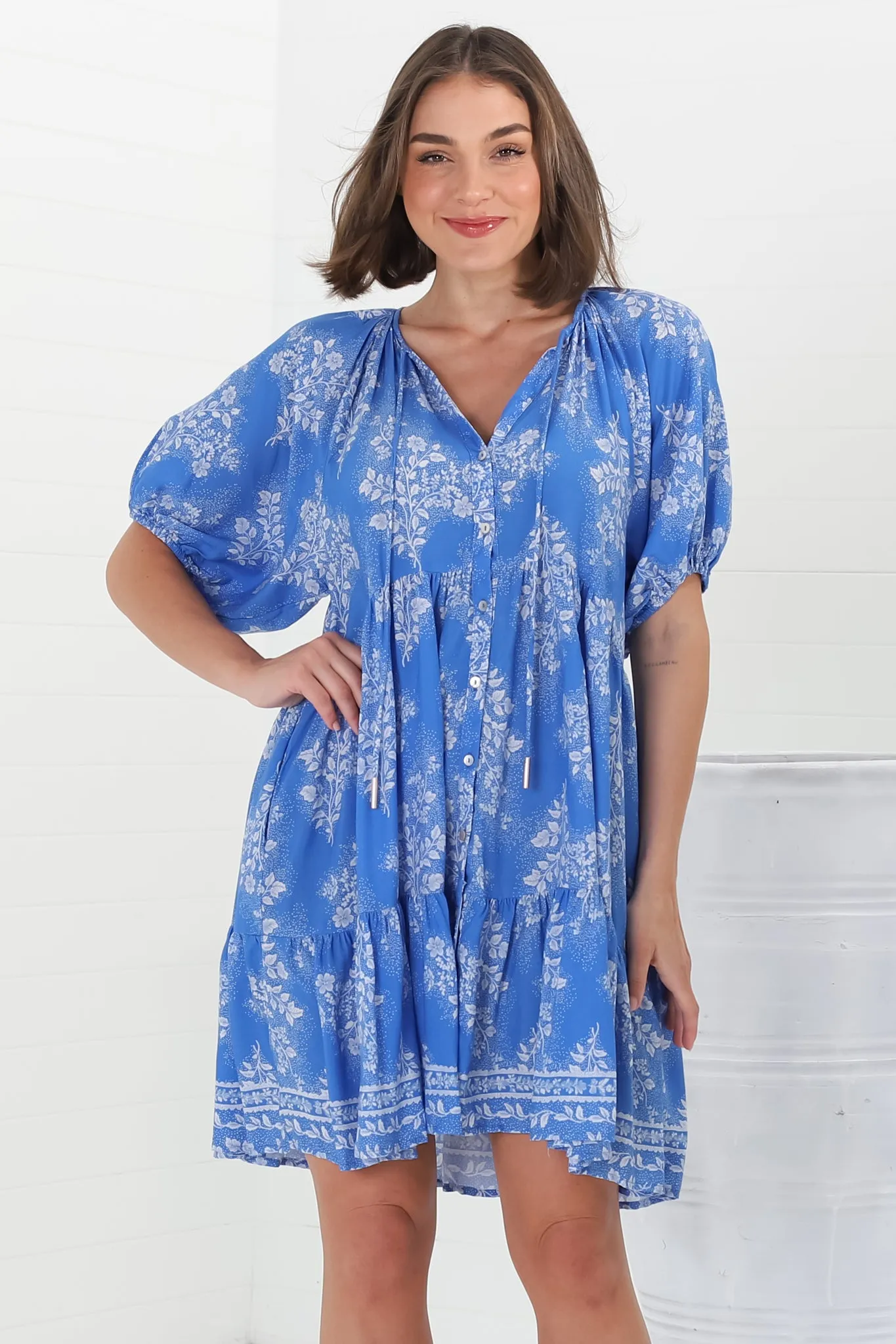 Lia Mini Dress - Balloon Sleeve Smock Dress in blue floral Bridgette Print sold by Salty Crush product image thumbnail 5