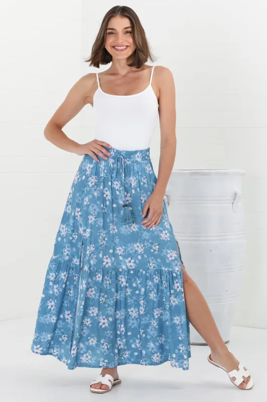 Hellen Maxi Skirt - High Waisted Skirt with Front Splits in Ishaka Print Blue sold by Salty Crush