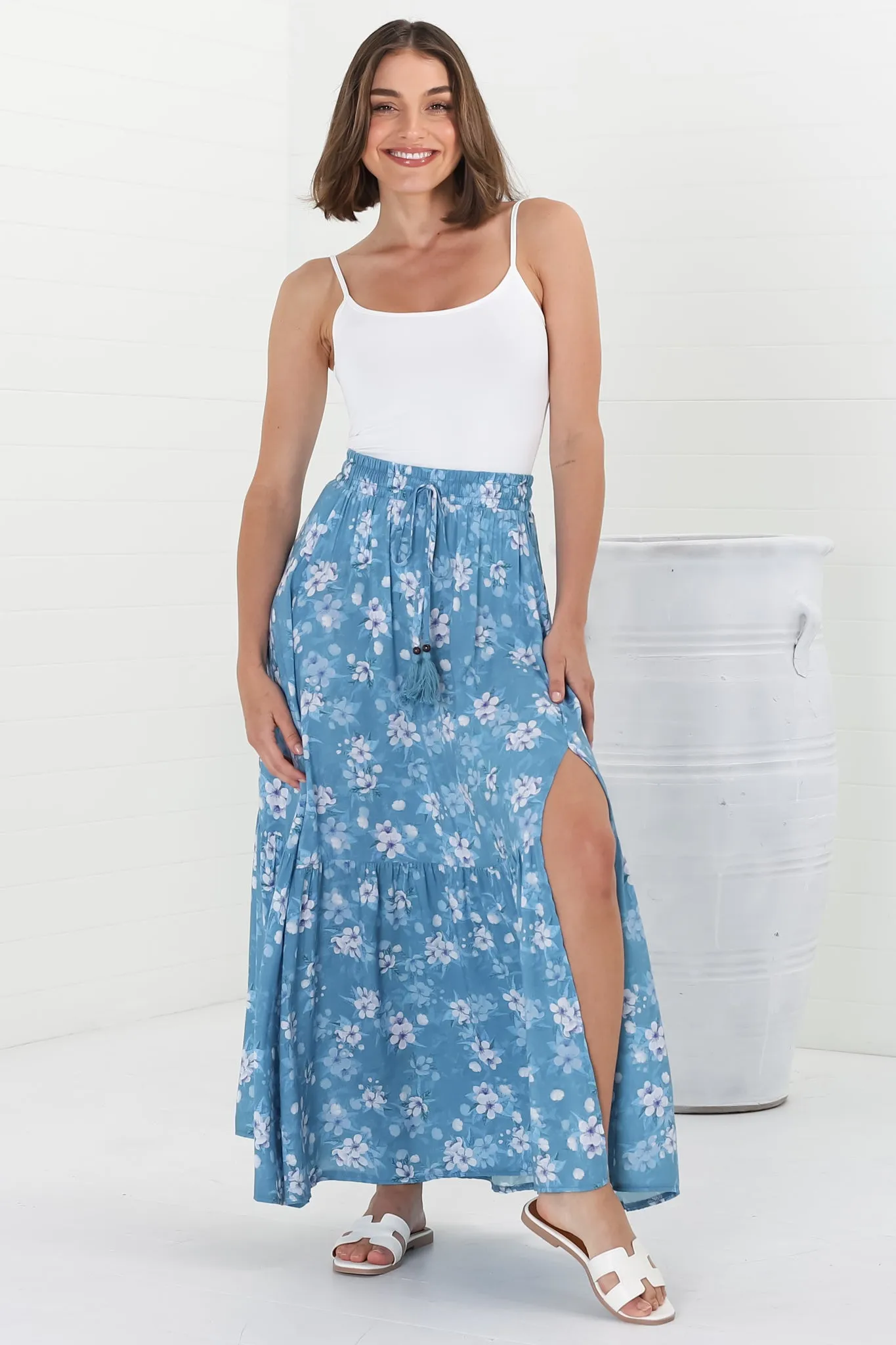 Hellen Maxi Skirt - High Waisted Skirt with Front Splits in Ishaka Print Blue sold by Salty Crush product image thumbnail 4