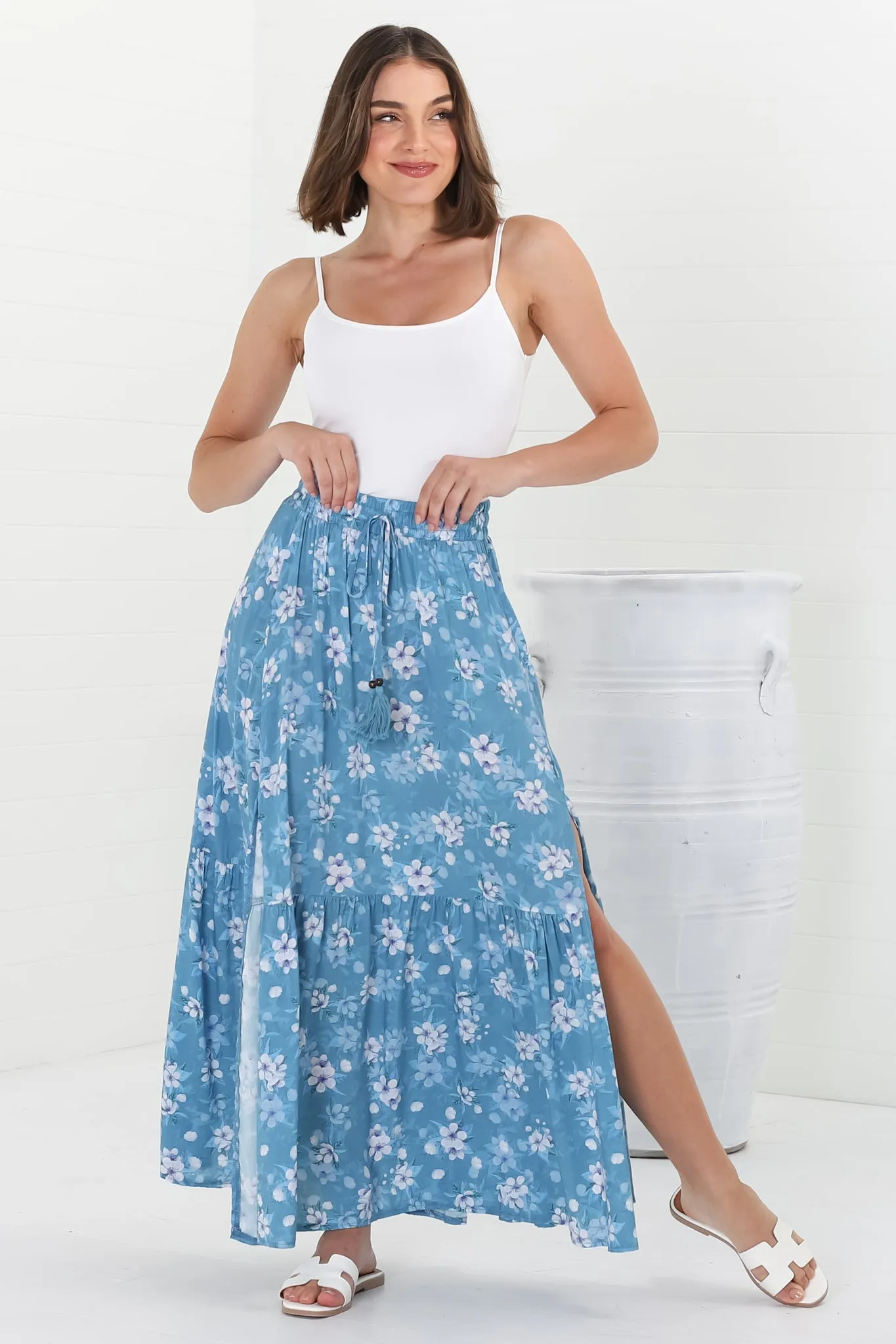 Hellen Maxi Skirt - High Waisted Skirt with Front Splits in Ishaka Print Blue sold by Salty Crush product image thumbnail 3